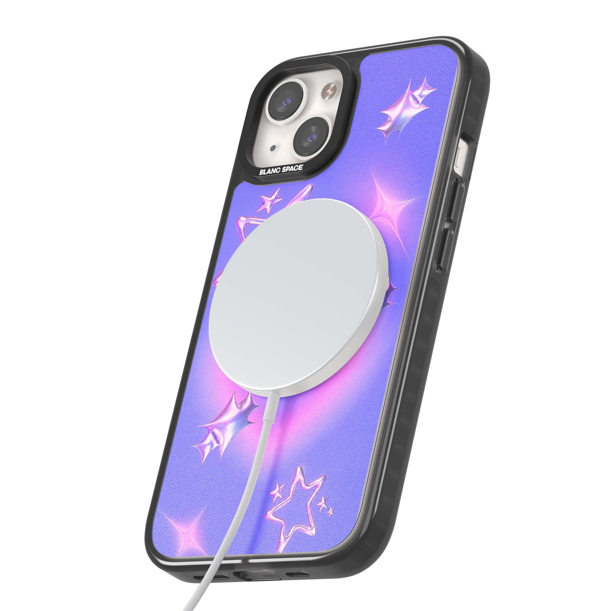 Soft Sugar Y2K iPhone case featuring iridescent chrome hearts, metallic pink stars and a lavender gradient sky | Black Impact Magsafe case for iPhone 13, iPhone 14, iPhone 15