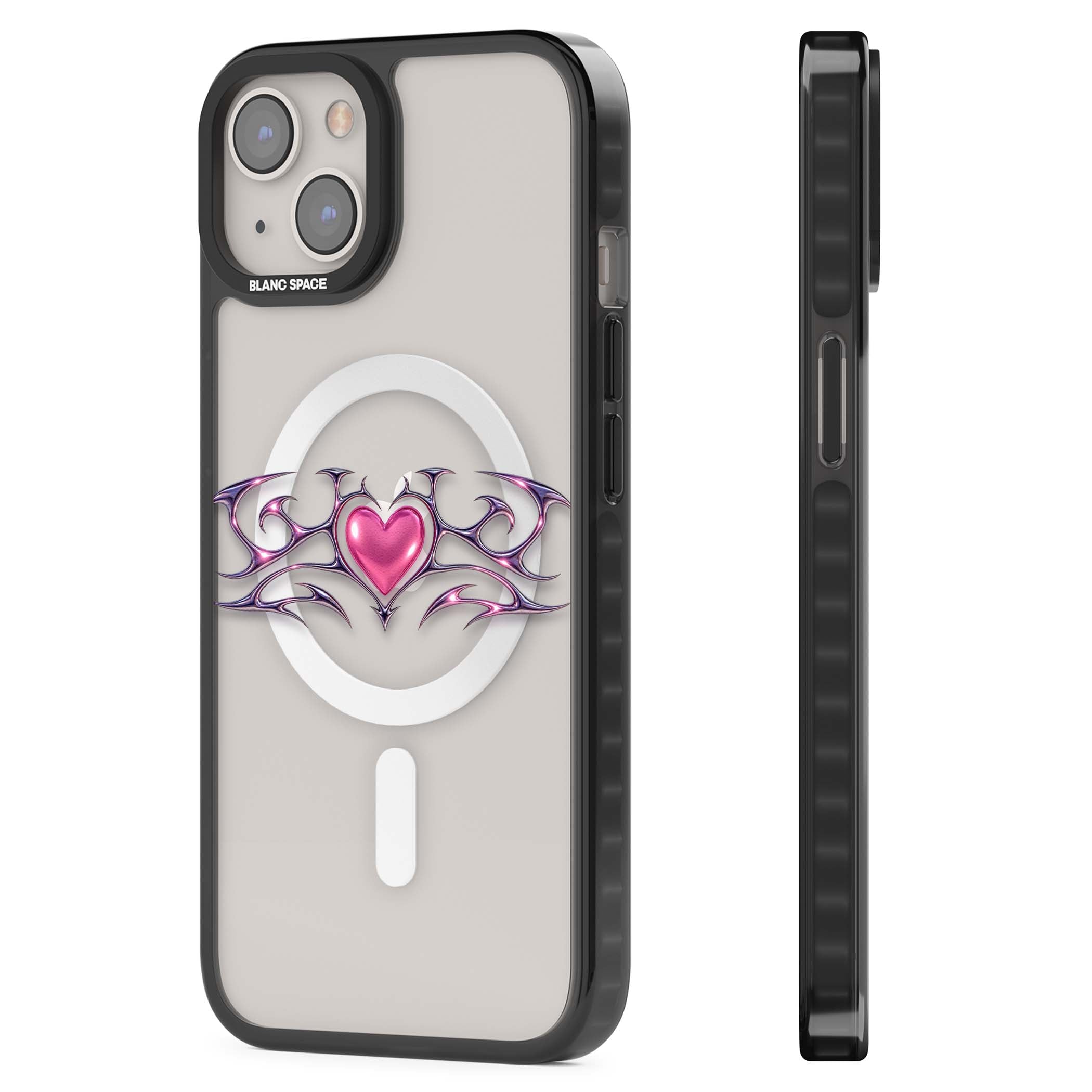 Pink Chrome Heart y2k iPhone case | Black Impact Magsafe case for iPhone 13, iPhone 14, iPhone 15