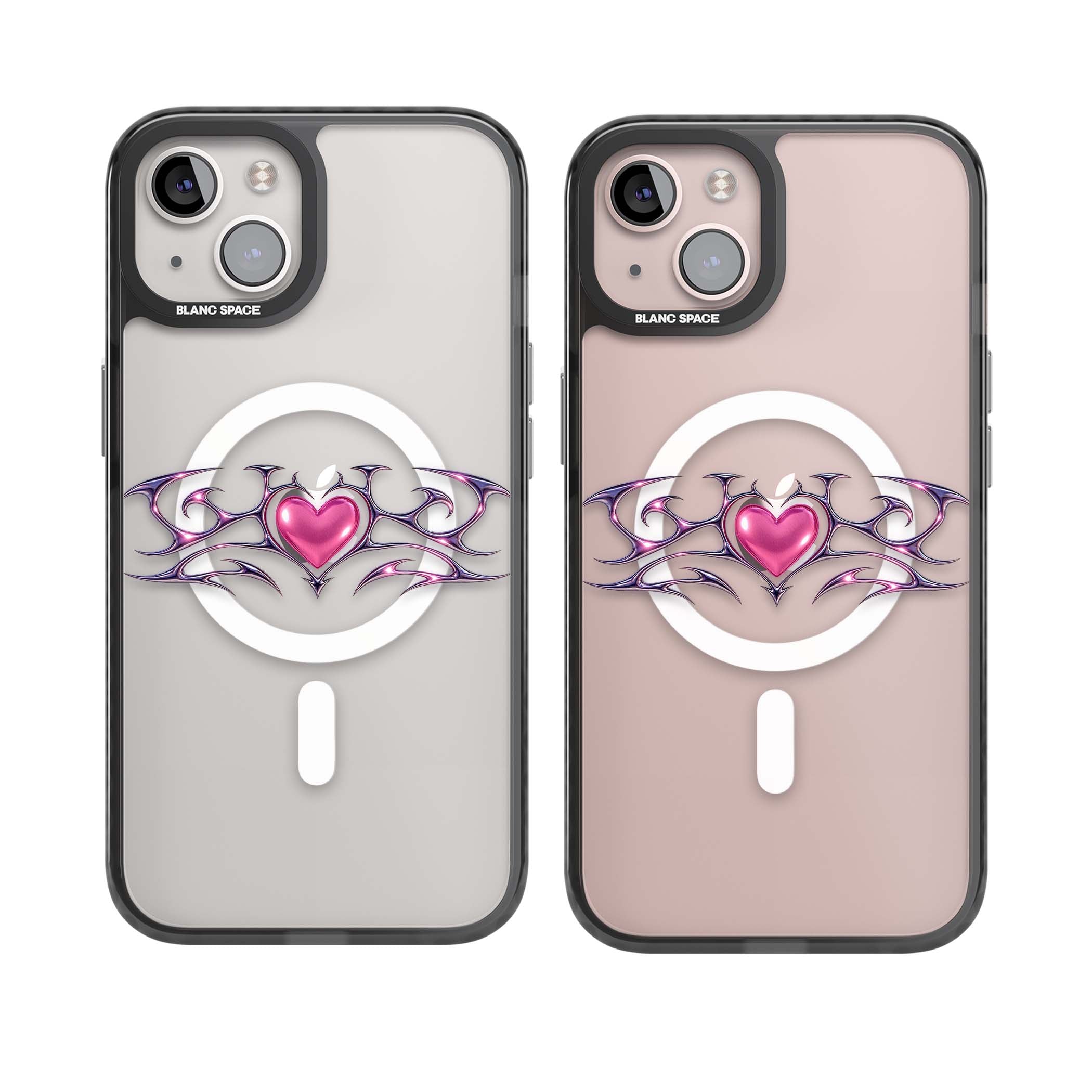 Pink Chrome Heart y2k iPhone case | Black Impact Magsafe case for iPhone 13, iPhone 14, iPhone 15