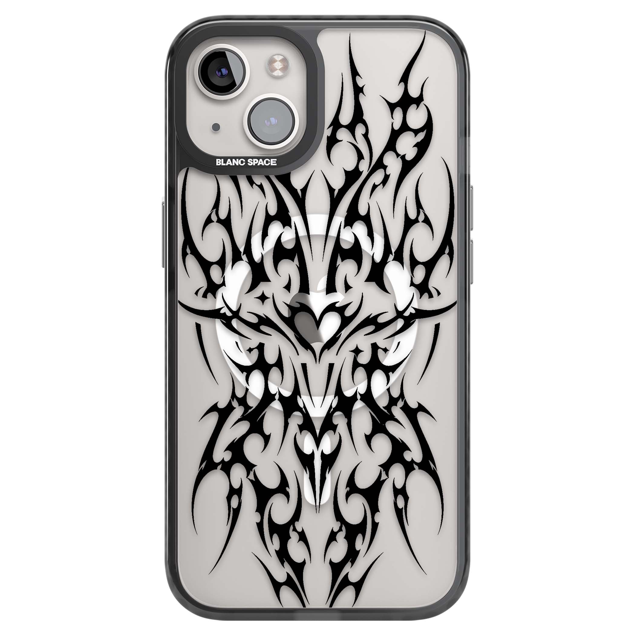 Neo Tribal Heart gothic iPhone case featuring symmetrical black tribal tattoo art with sharp thorn-like linework | Black Impact Magsafe case for iPhone 13, iPhone 14, iPhone 15