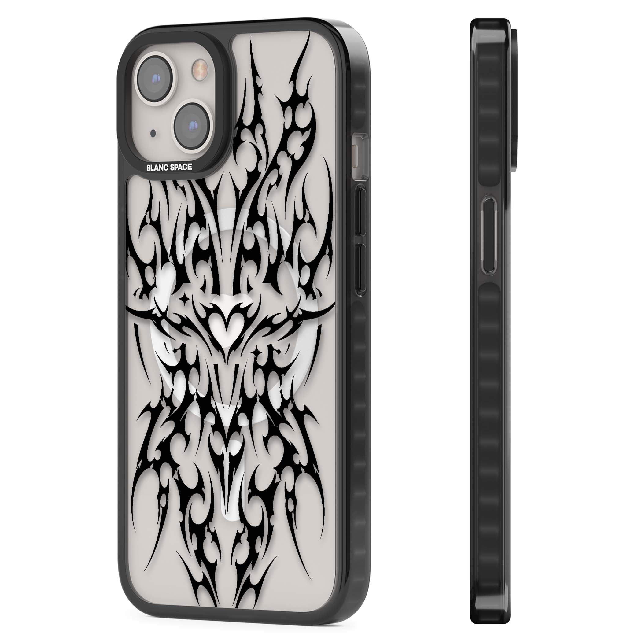 Neo Tribal Heart gothic iPhone case featuring symmetrical black tribal tattoo art with sharp thorn-like linework | Black Impact Magsafe case for iPhone 13, iPhone 14, iPhone 15