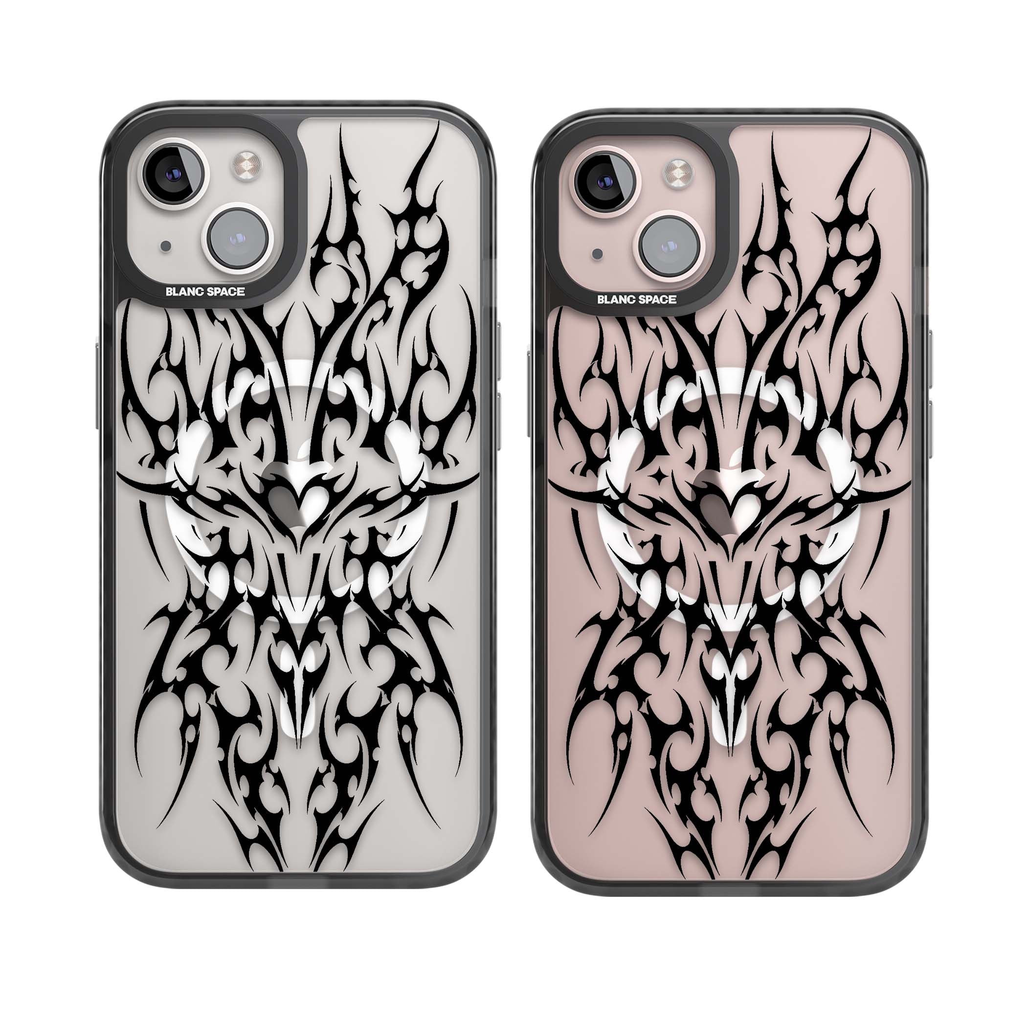 Neo Tribal Heart gothic iPhone case featuring symmetrical black tribal tattoo art with sharp thorn-like linework | Black Impact Magsafe case for iPhone 13, iPhone 14, iPhone 15