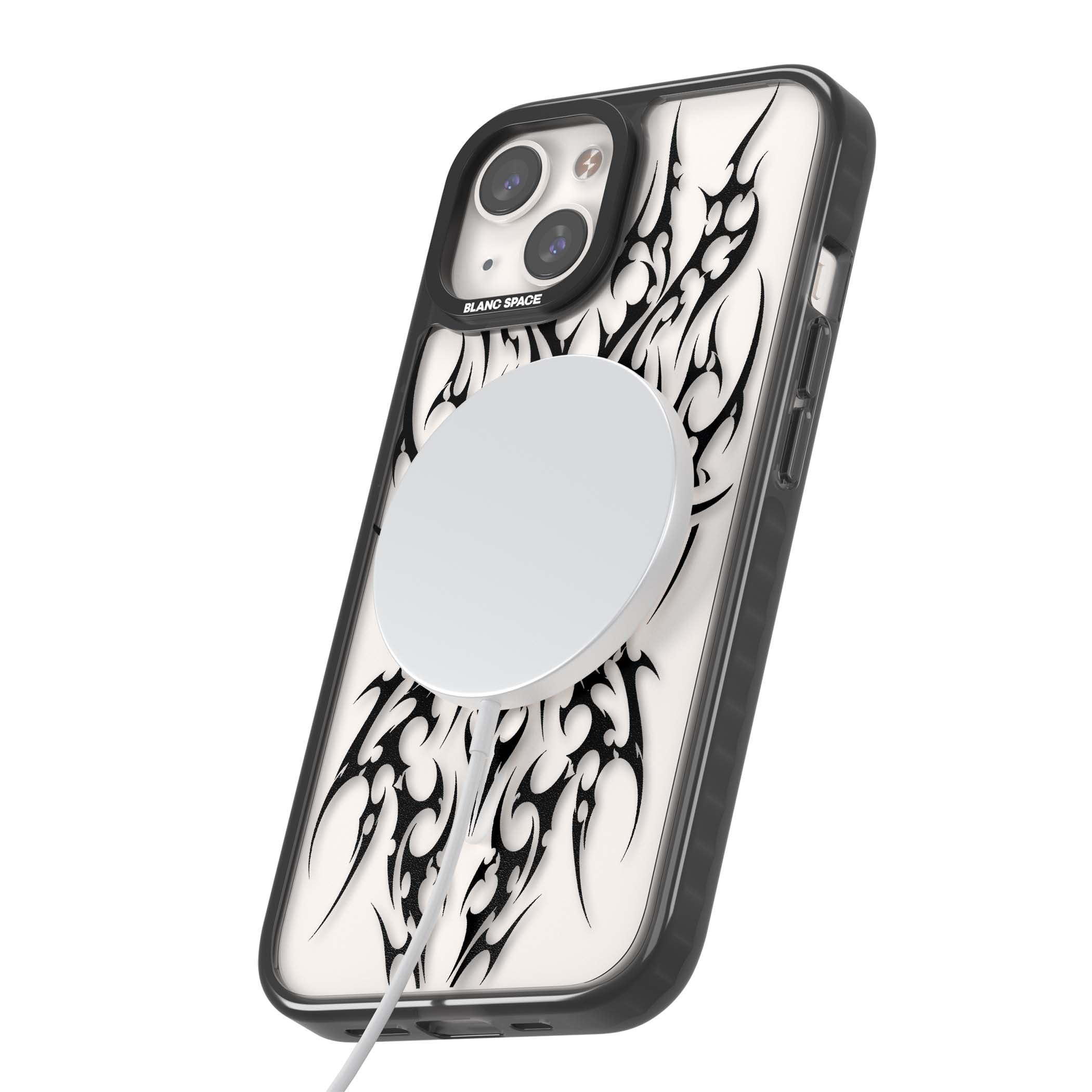 Neo Tribal Heart gothic iPhone case featuring symmetrical black tribal tattoo art with sharp thorn-like linework | Black Impact Magsafe case for iPhone 13, iPhone 14, iPhone 15