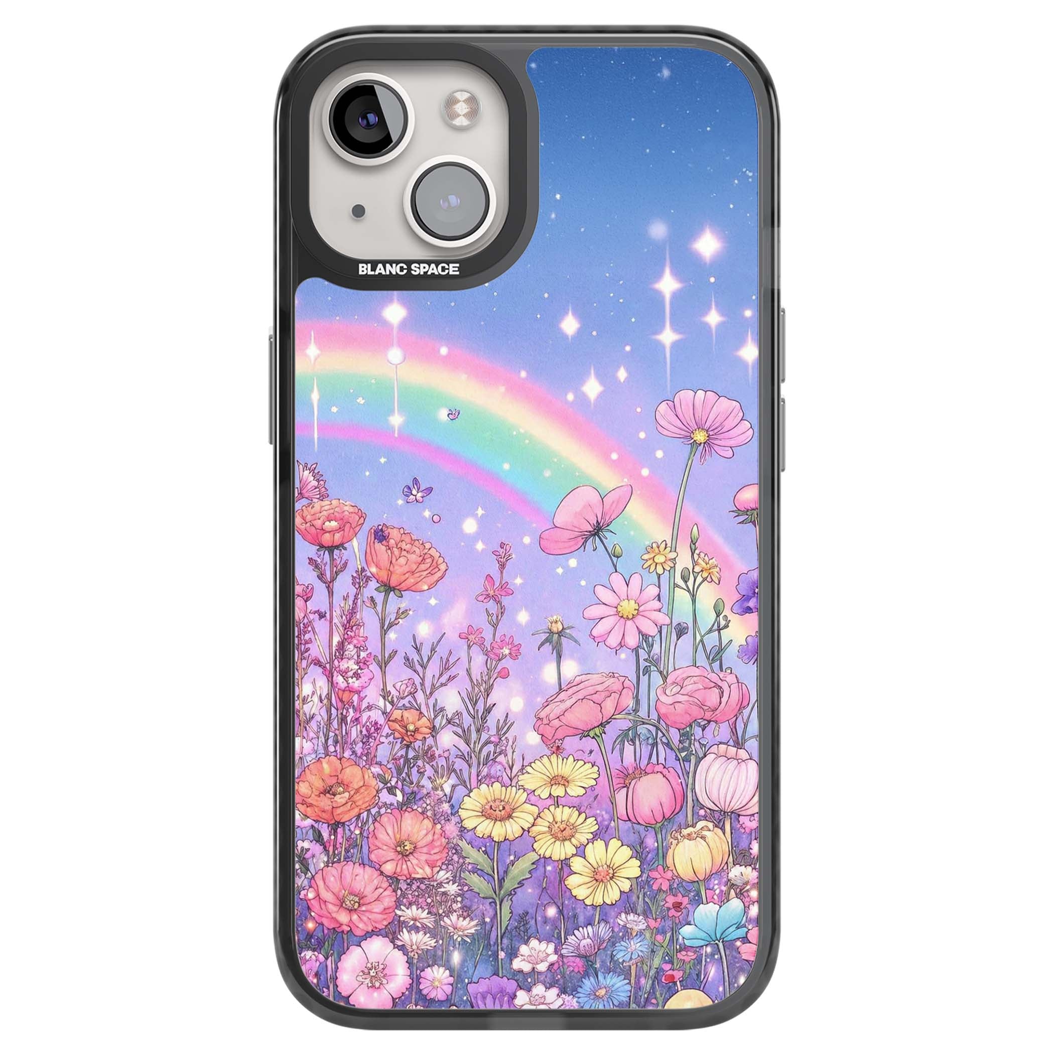 Magical Meadow fairycore iPhone case featuring a pastel rainbow, sparkling stars and a wildflower meadow | Black Impact case for iPhone 13, iPhone 14, iPhone 15