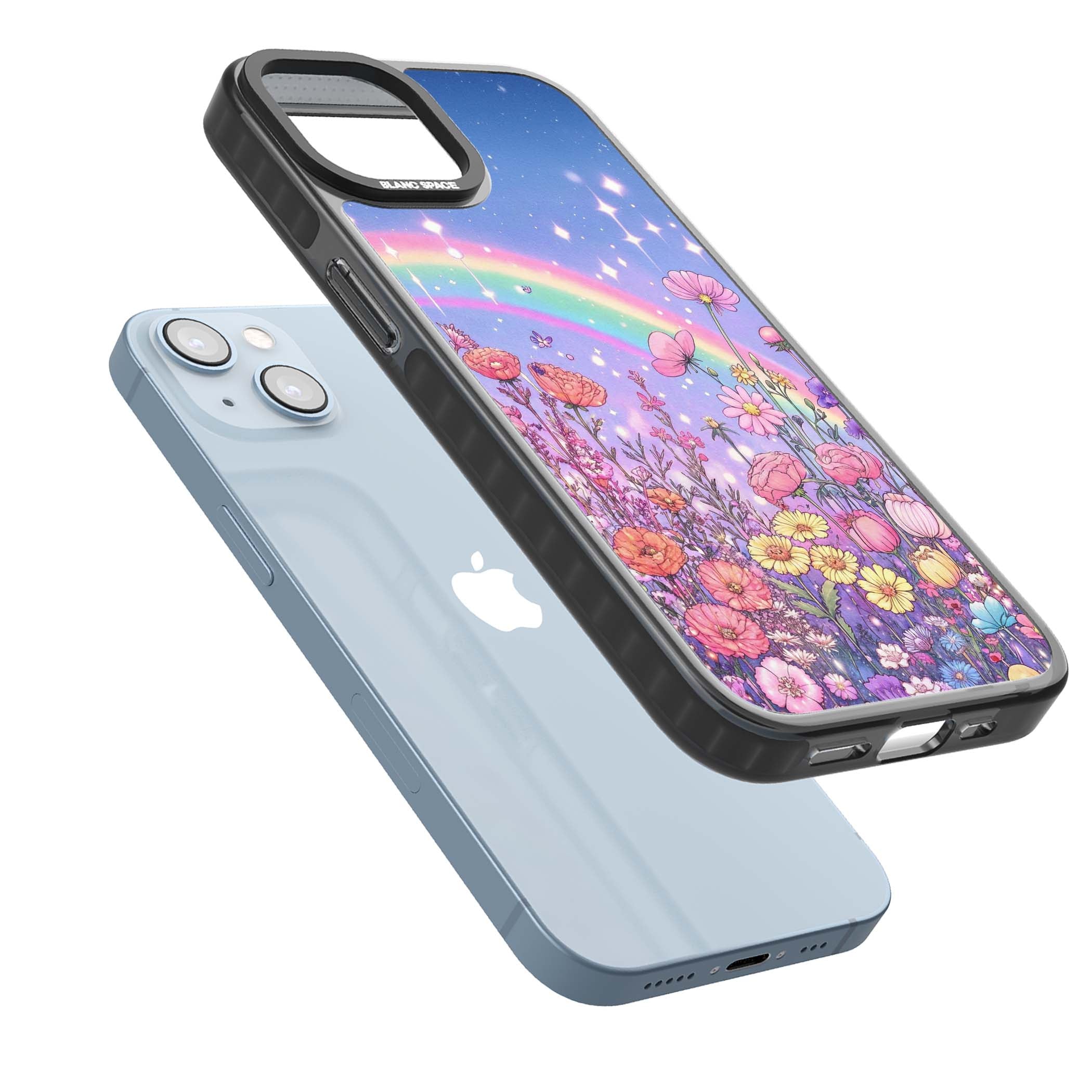 Magical Meadow fairycore iPhone case featuring a pastel rainbow, sparkling stars and a wildflower meadow | Black Impact case for iPhone 13, iPhone 14, iPhone 15