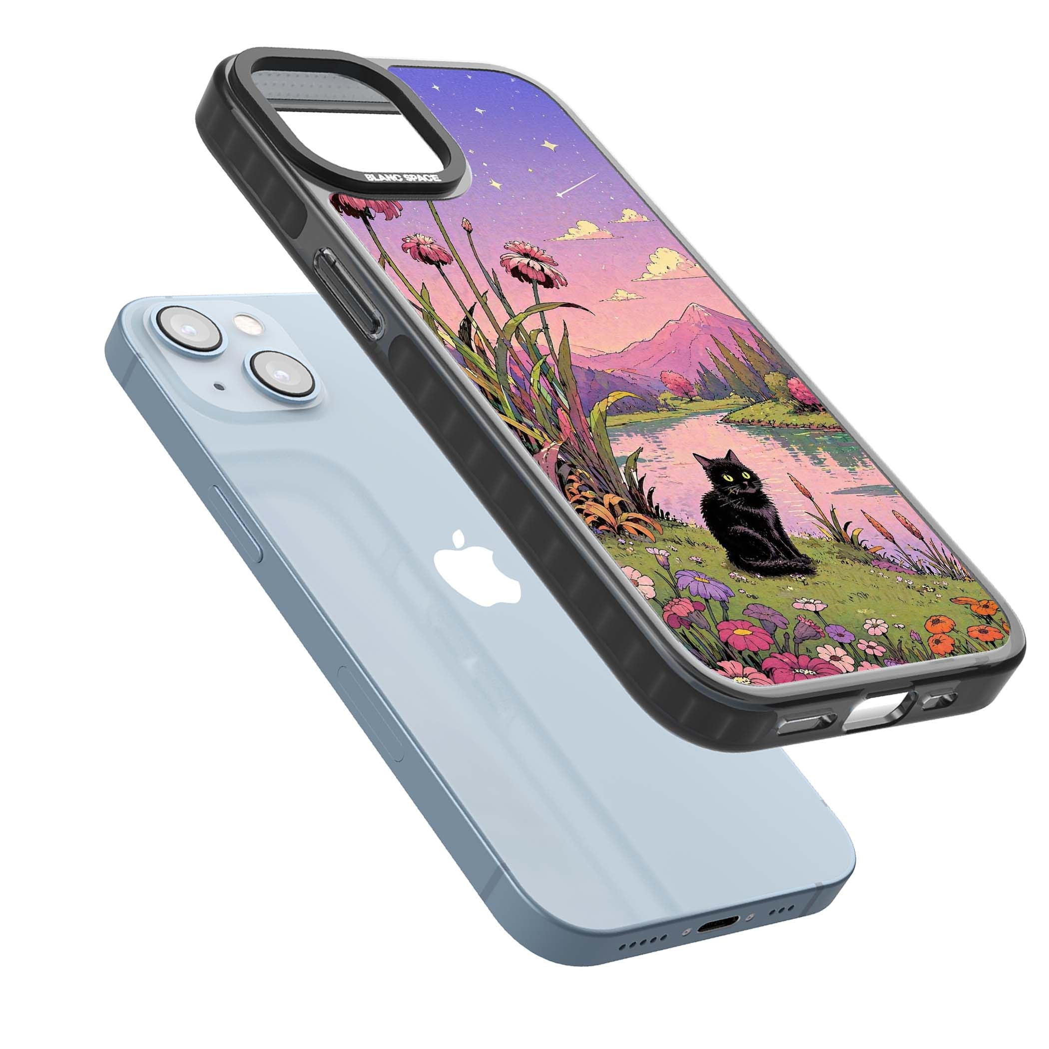 Mystic Whiskers ghibli iPhone case featuring a black cat by a pastel lake, wildflowers and a starry sunset sky | Black Impact case for iPhone 13, iPhone 14, iPhone 15