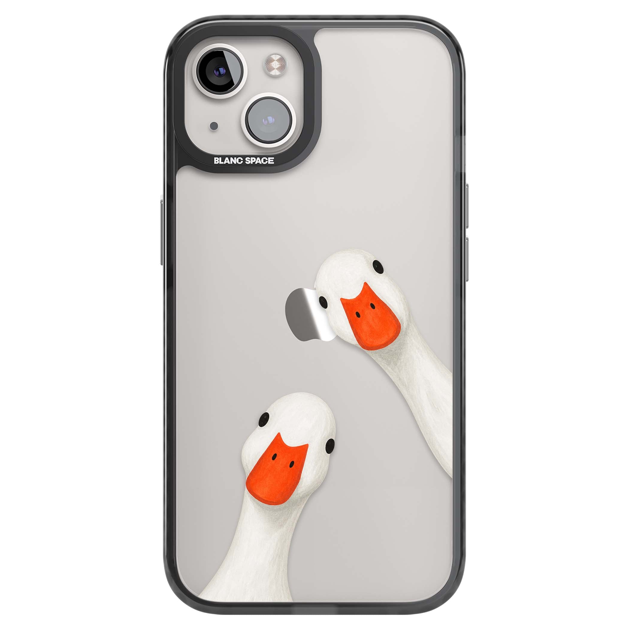 Nosy Ducks cottagecore iPhone case featuring two peeking white ducks with orange beaks on a clear background | Black Impact case for iPhone 13, iPhone 14, iPhone 15