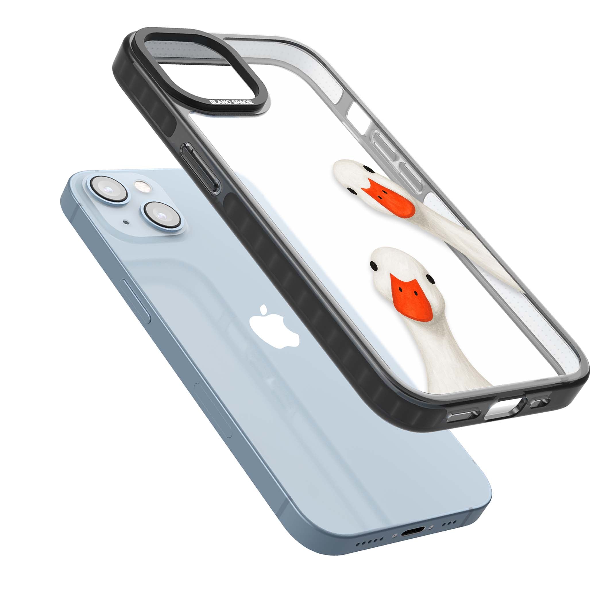 Nosy Ducks cottagecore iPhone case featuring two peeking white ducks with orange beaks on a clear background | Black Impact case for iPhone 13, iPhone 14, iPhone 15