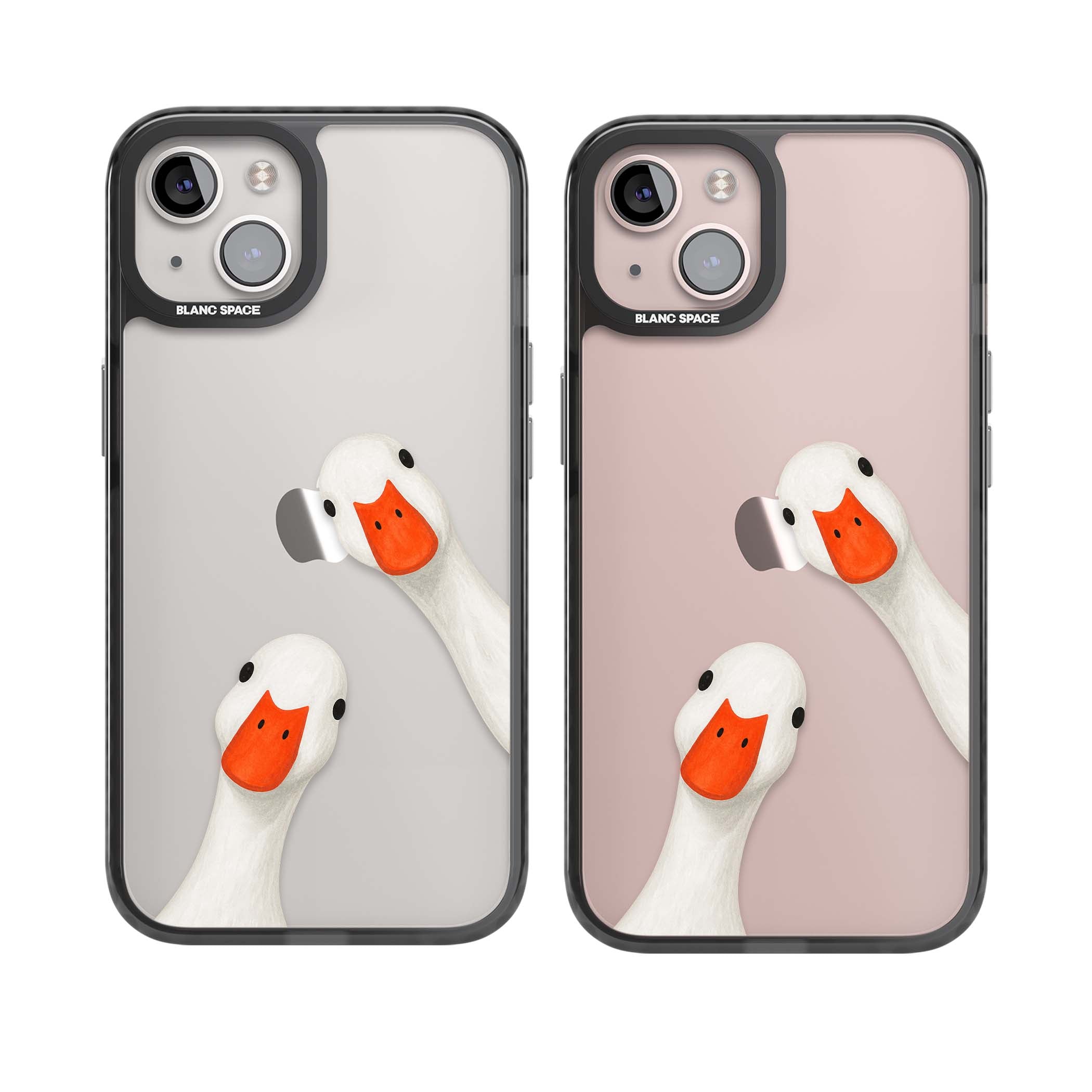 Nosy Ducks cottagecore iPhone case featuring two peeking white ducks with orange beaks on a clear background | Black Impact case for iPhone 13, iPhone 14, iPhone 15