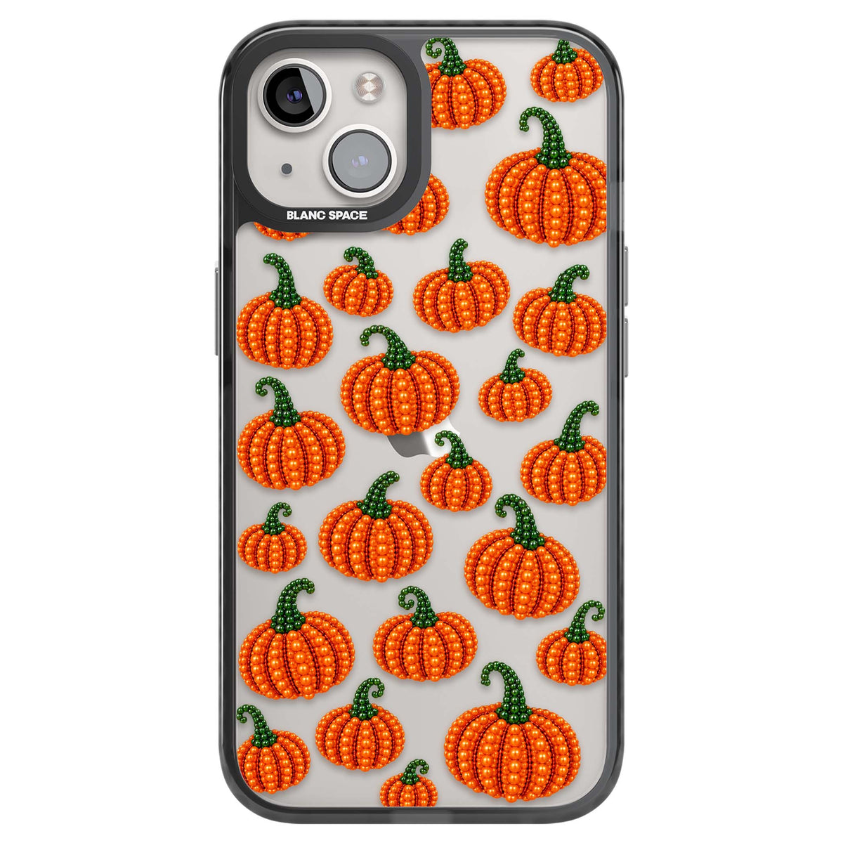 Beaded Pumpkins halloween iPhone case featuring beaded orange pumpkins with green stems on a clear background | Black Impact case for iPhone 13, iPhone 14, iPhone 15