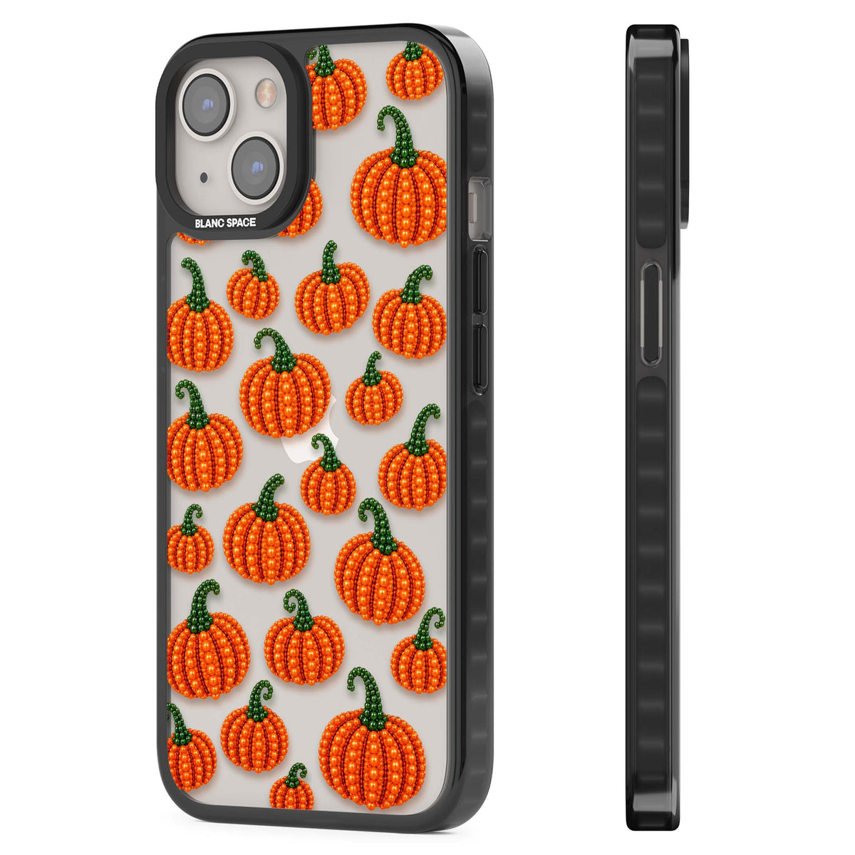 Beaded Pumpkins halloween iPhone case featuring beaded orange pumpkins with green stems on a clear background | Black Impact case for iPhone 13, iPhone 14, iPhone 15