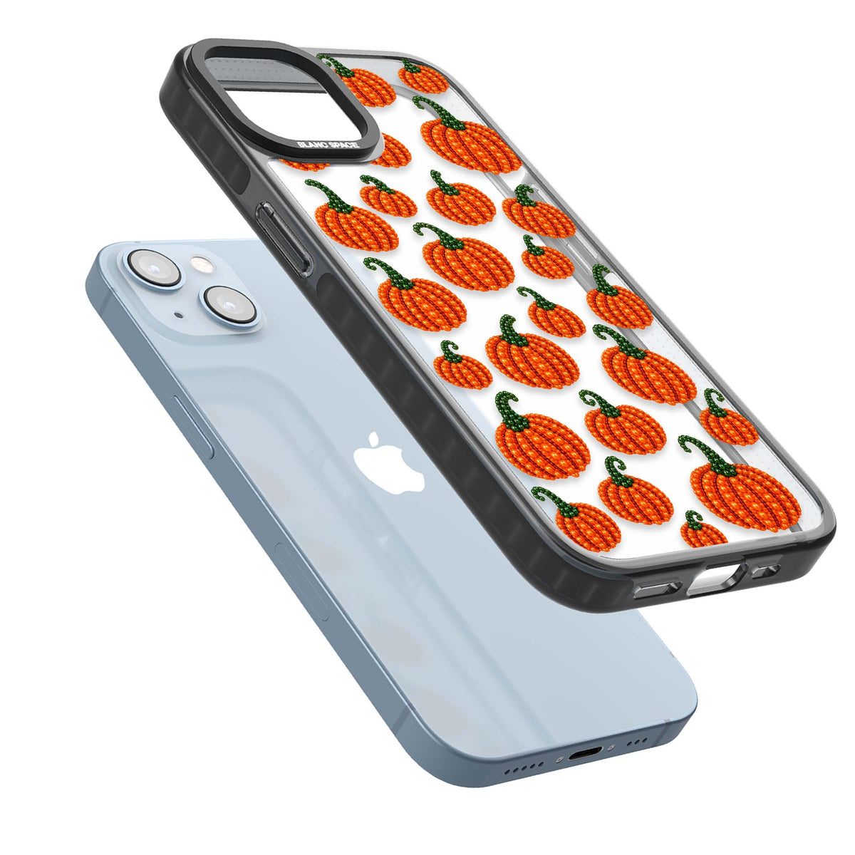 Beaded Pumpkins halloween iPhone case featuring beaded orange pumpkins with green stems on a clear background | Black Impact case for iPhone 13, iPhone 14, iPhone 15