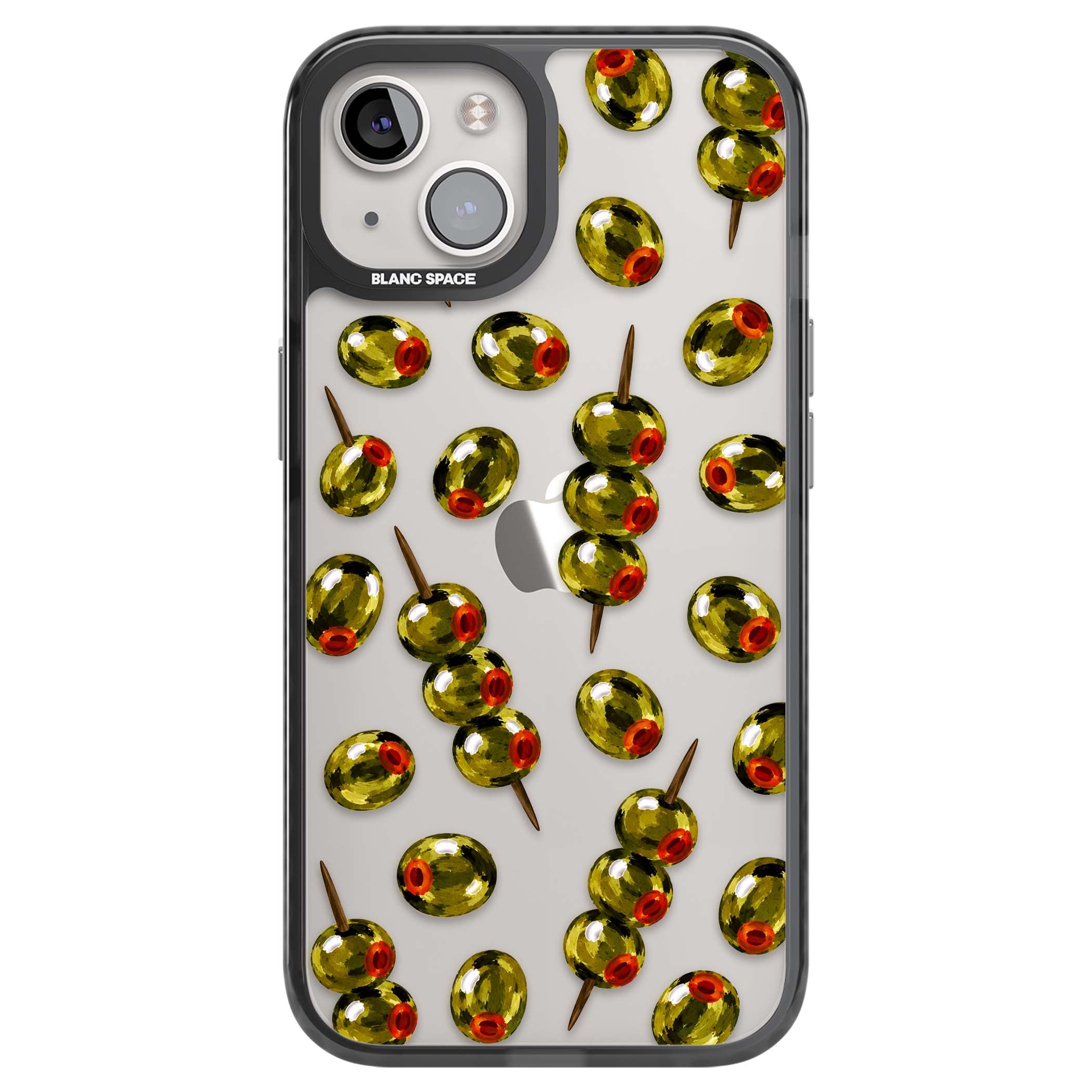 Painted Olives cocktail iPhone case featuring green olives, pimento centres and toothpick skewers on a clear background | Black Impact case for iPhone 13, iPhone 14, iPhone 15