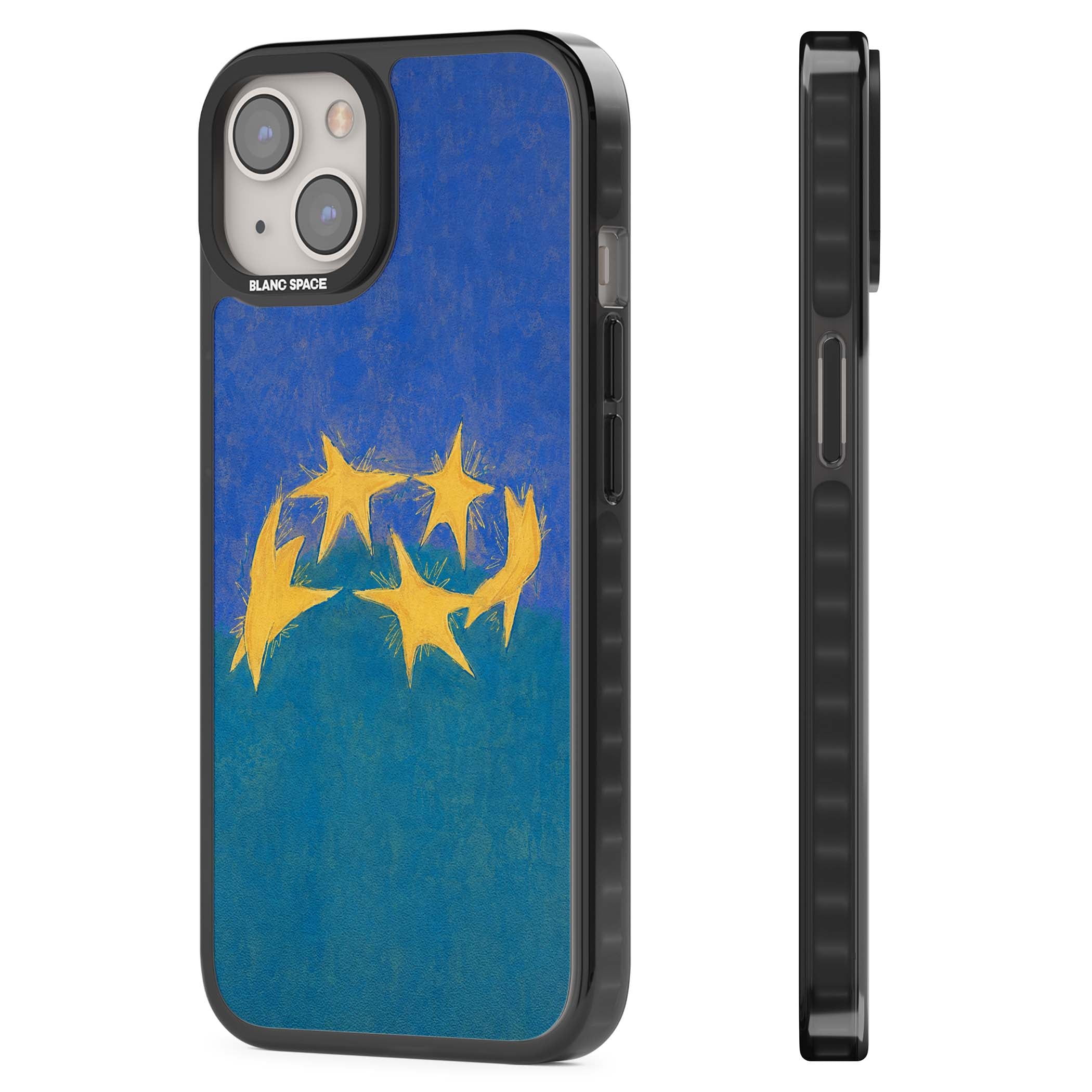 Star Boogie stars aesthetic iPhone case featuring five yellow hand-painted stars on cobalt blue and teal | Black Impact case for iPhone 13, iPhone 14, iPhone 15
