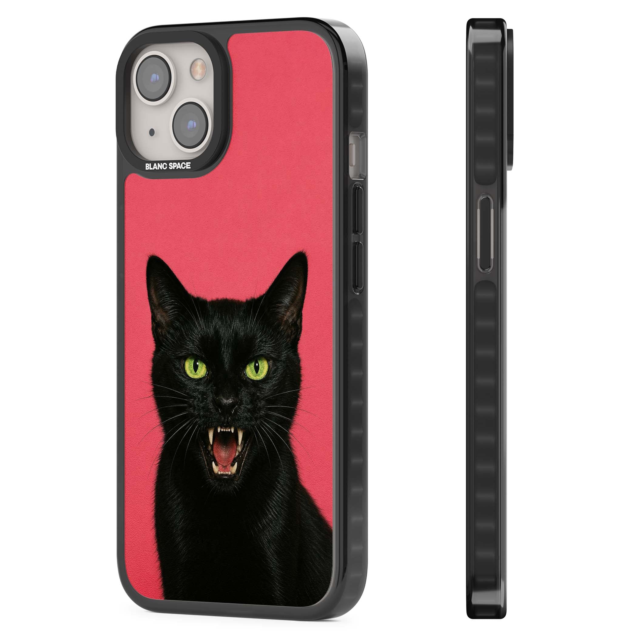 Hissin' Baddie black cat iPhone case featuring a hissing feline with green eyes on a hot pink background | Black Impact case for iPhone 13, iPhone 14, iPhone 15