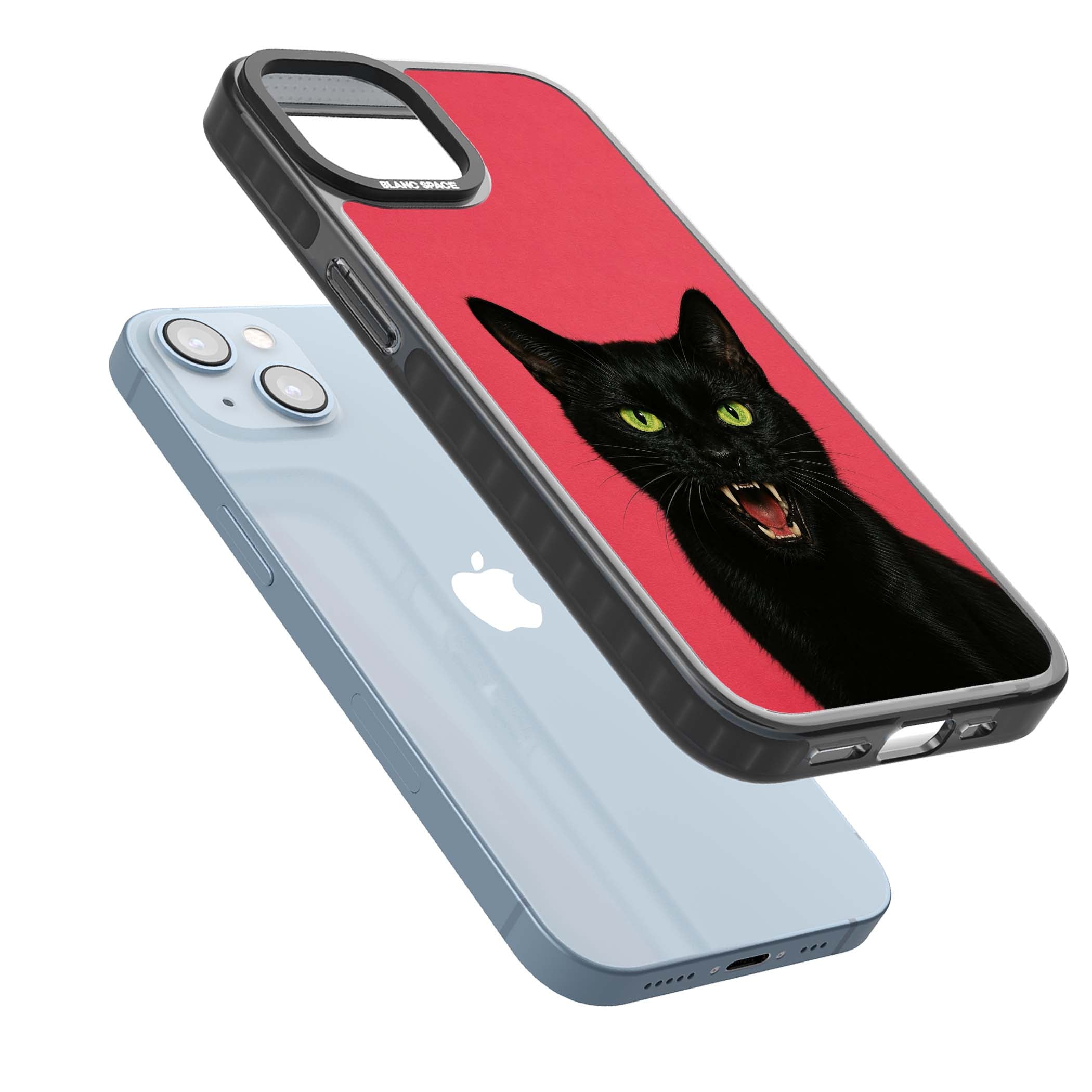 Hissin' Baddie black cat iPhone case featuring a hissing feline with green eyes on a hot pink background | Black Impact case for iPhone 13, iPhone 14, iPhone 15