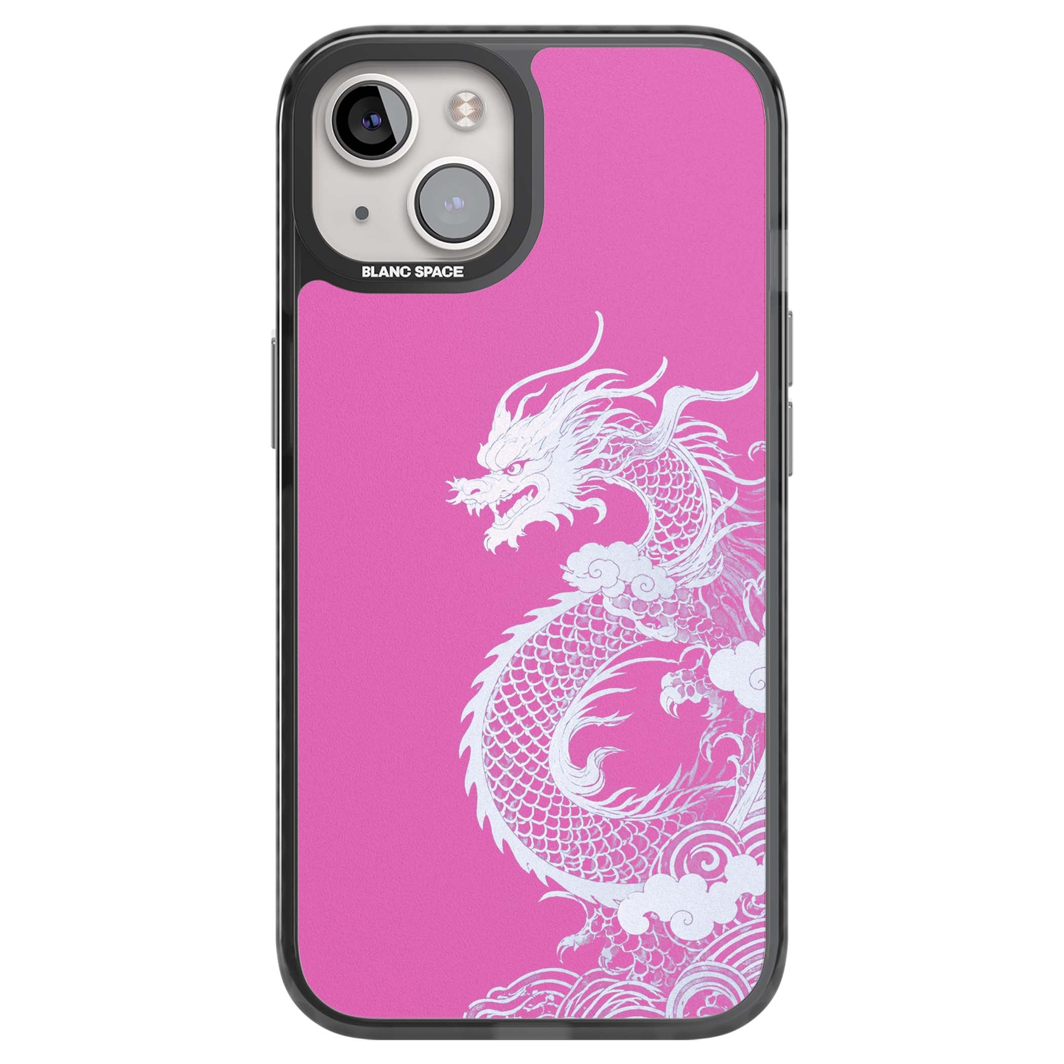 Pink Empress chinese dragon iPhone case featuring a white dragon, swirling clouds and pink dragon wallpaper backdrop | Black Impact case for iPhone 13, iPhone 14, iPhone 15