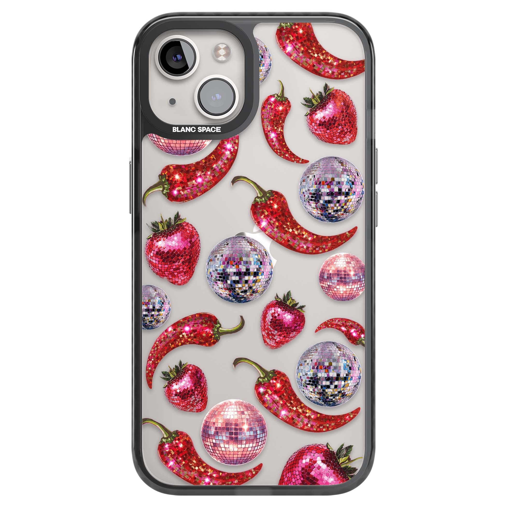 Spicy Disco Y2K iPhone case featuring glitter disco balls, sparkly strawberries and red chilli peppers | Black Impact case for iPhone 13, iPhone 14, iPhone 15