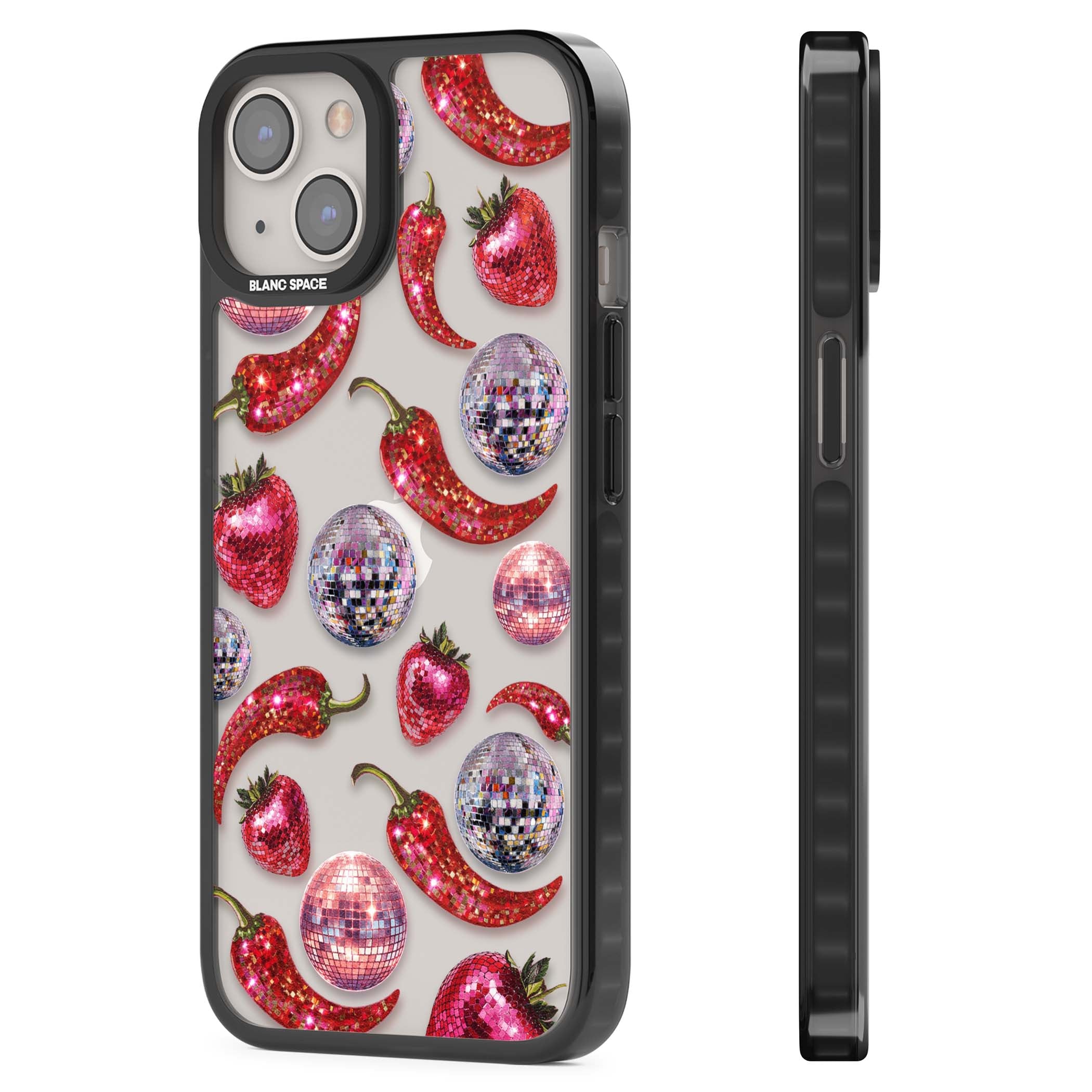 Spicy Disco Y2K iPhone case featuring glitter disco balls, sparkly strawberries and red chilli peppers | Black Impact case for iPhone 13, iPhone 14, iPhone 15