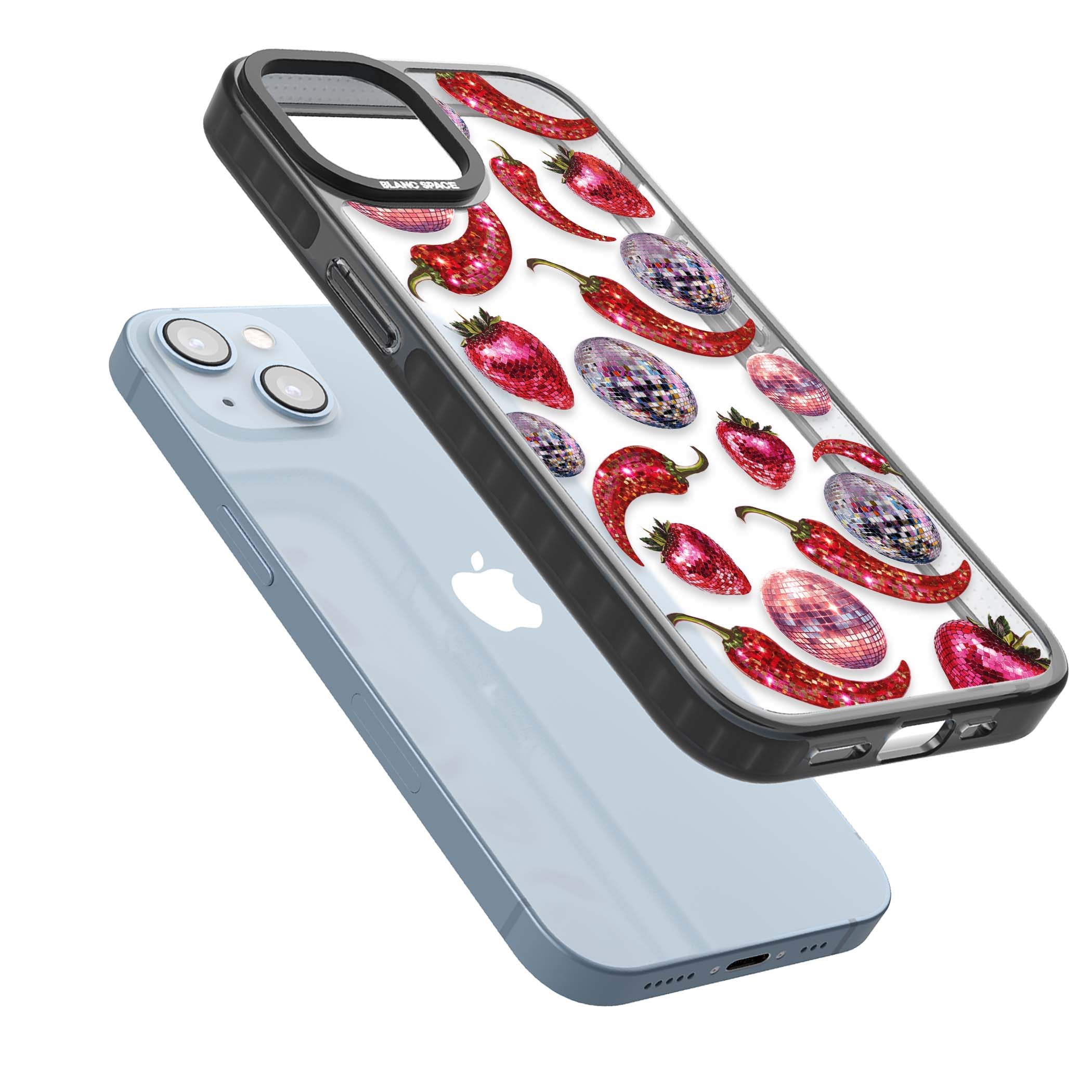 Spicy Disco Y2K iPhone case featuring glitter disco balls, sparkly strawberries and red chilli peppers | Black Impact case for iPhone 13, iPhone 14, iPhone 15