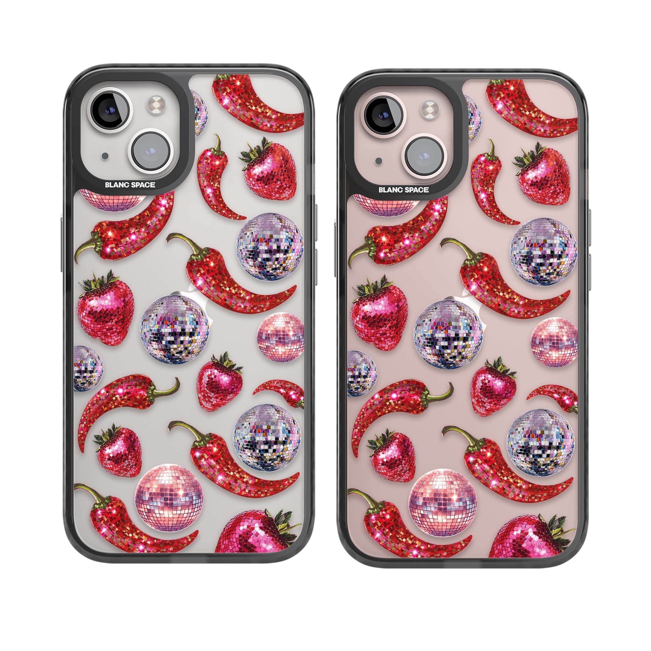 Spicy Disco Y2K iPhone case featuring glitter disco balls, sparkly strawberries and red chilli peppers | Black Impact case for iPhone 13, iPhone 14, iPhone 15