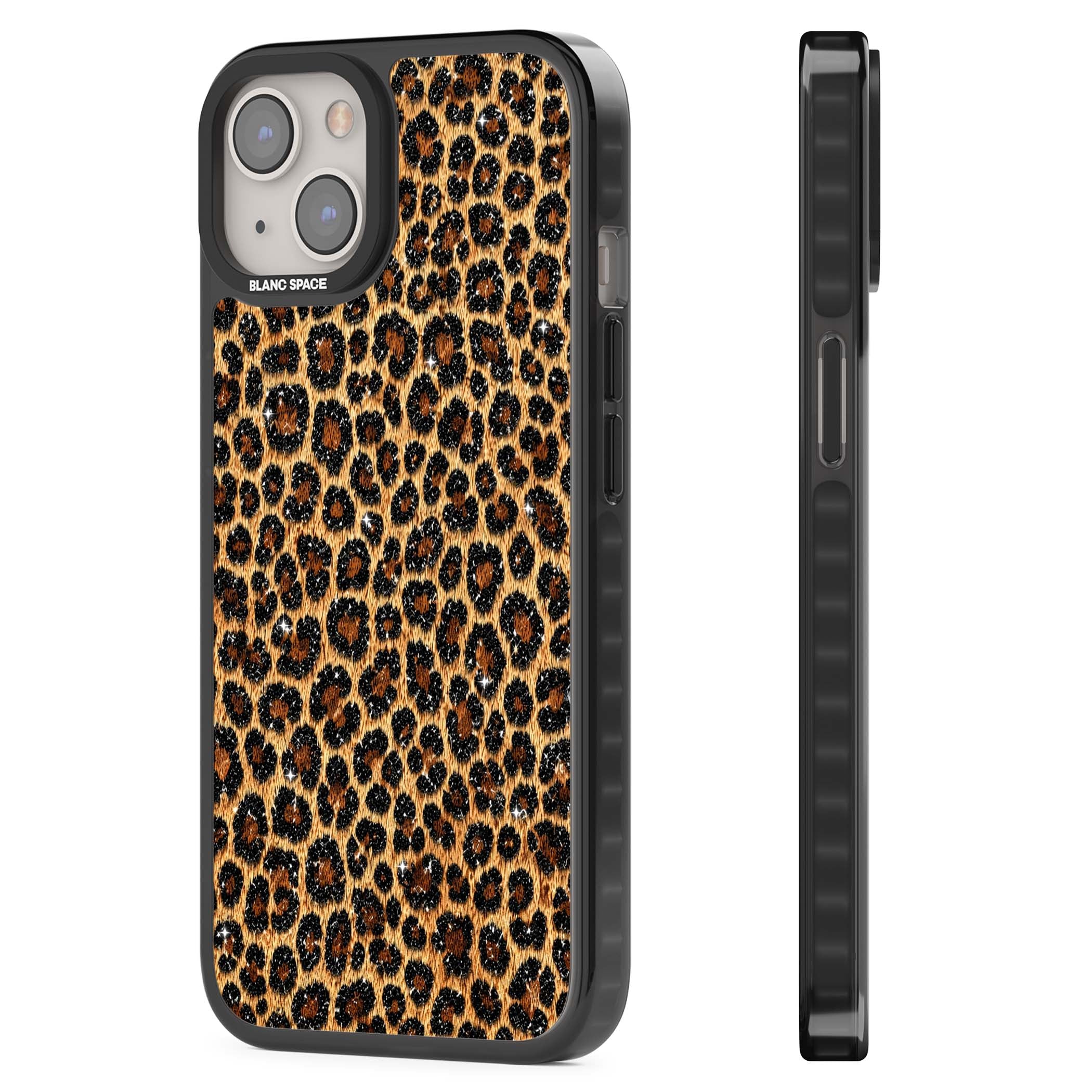 Diamond Leopard leopard print iPhone case featuring golden tan fur, black rosette spots and subtle glitter sparkle | Black Impact case for iPhone 13, iPhone 14, iPhone 15