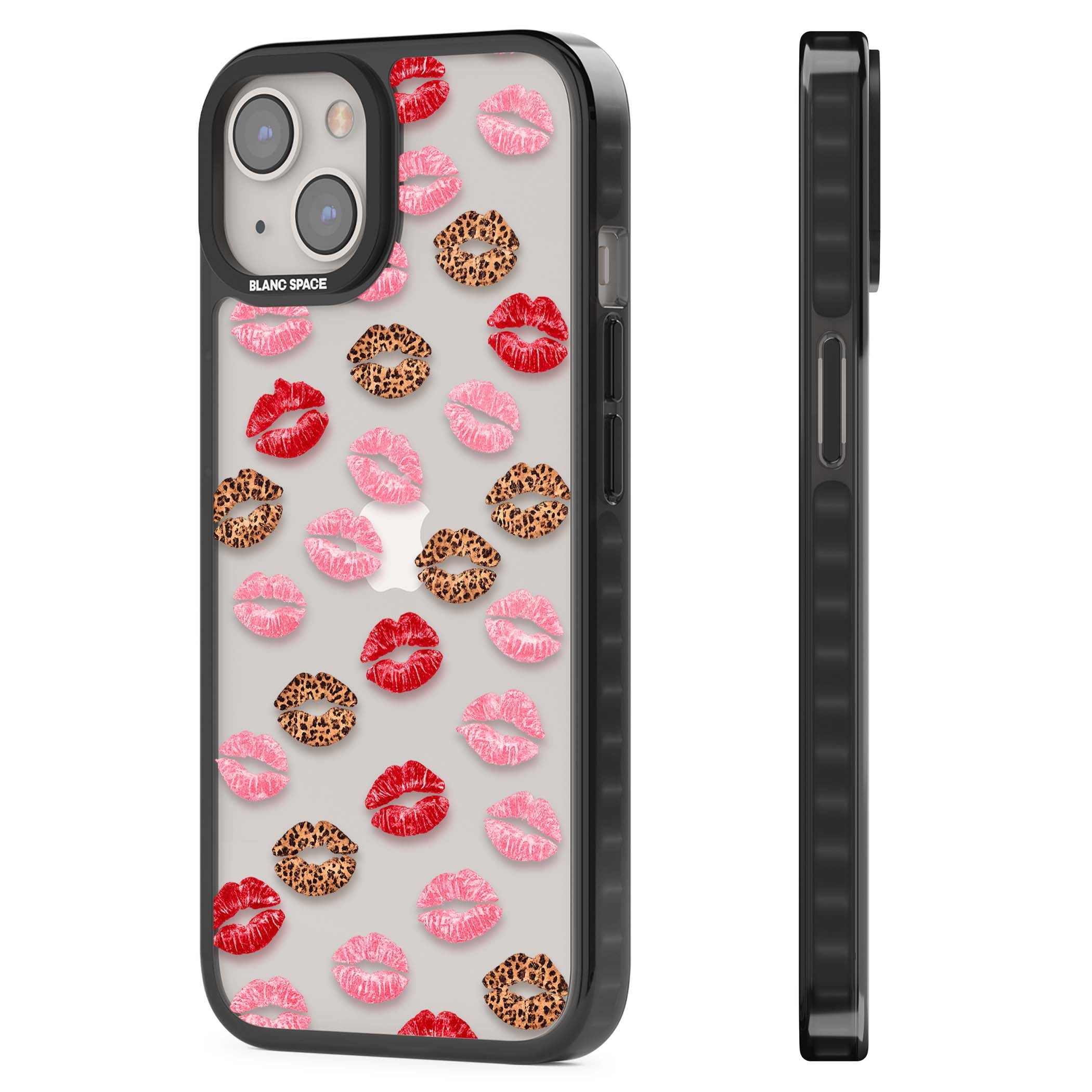 Wild Kisses coquette iPhone case featuring red, pink and leopard print lipstick kiss marks on a clear background | Black Impact case for iPhone 13, iPhone 14, iPhone 15