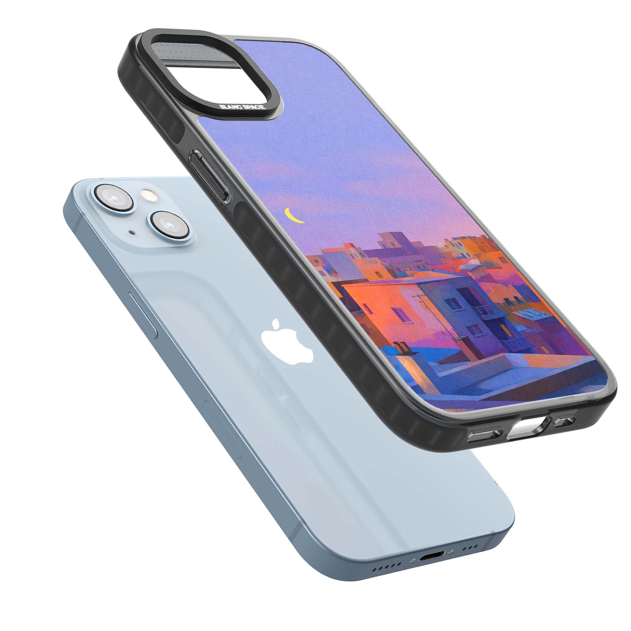 Twilight Rooftops vaporwave iPhone case featuring a pastel sunset cityscape, painted rooftops and a crescent moon. | Black Impact case for iPhone 13, iPhone 14, iPhone 15