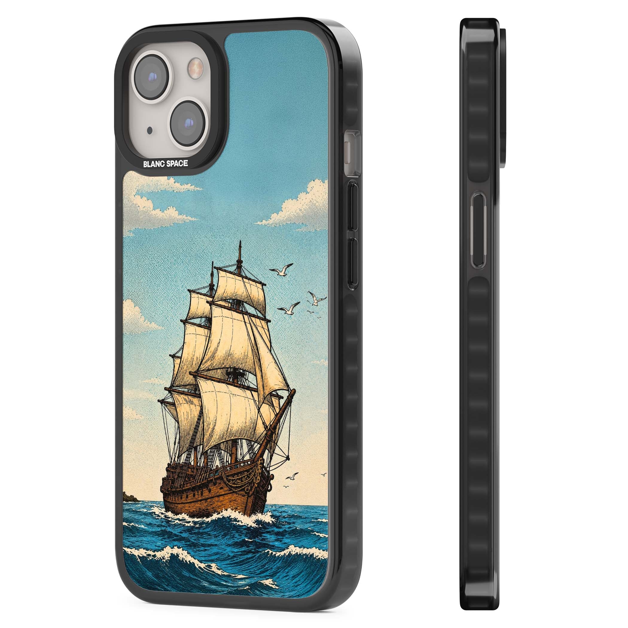 Ship at Sea nautical iPhone case featuring a vintage tall ship, ocean waves and seagulls | Black Impact case for iPhone 13, iPhone 14, iPhone 15