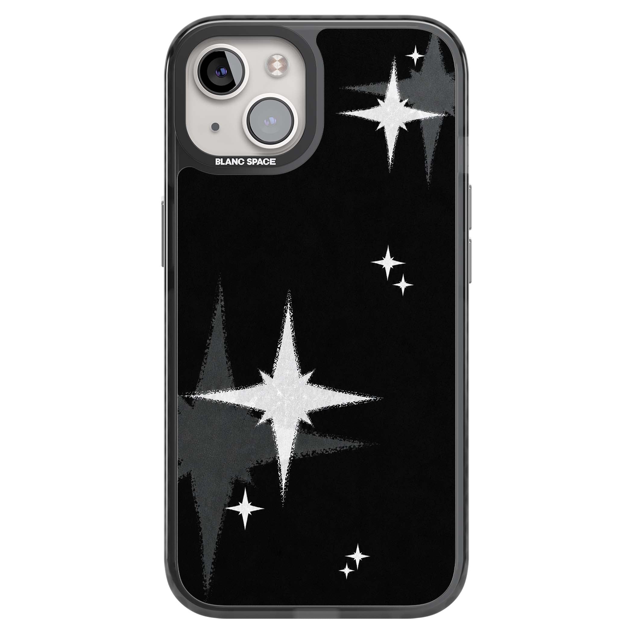 Black Sparkle celestial iPhone case featuring white sparkle stars on a black night sky background | Black Impact case for iPhone 13, iPhone 14, iPhone 15
