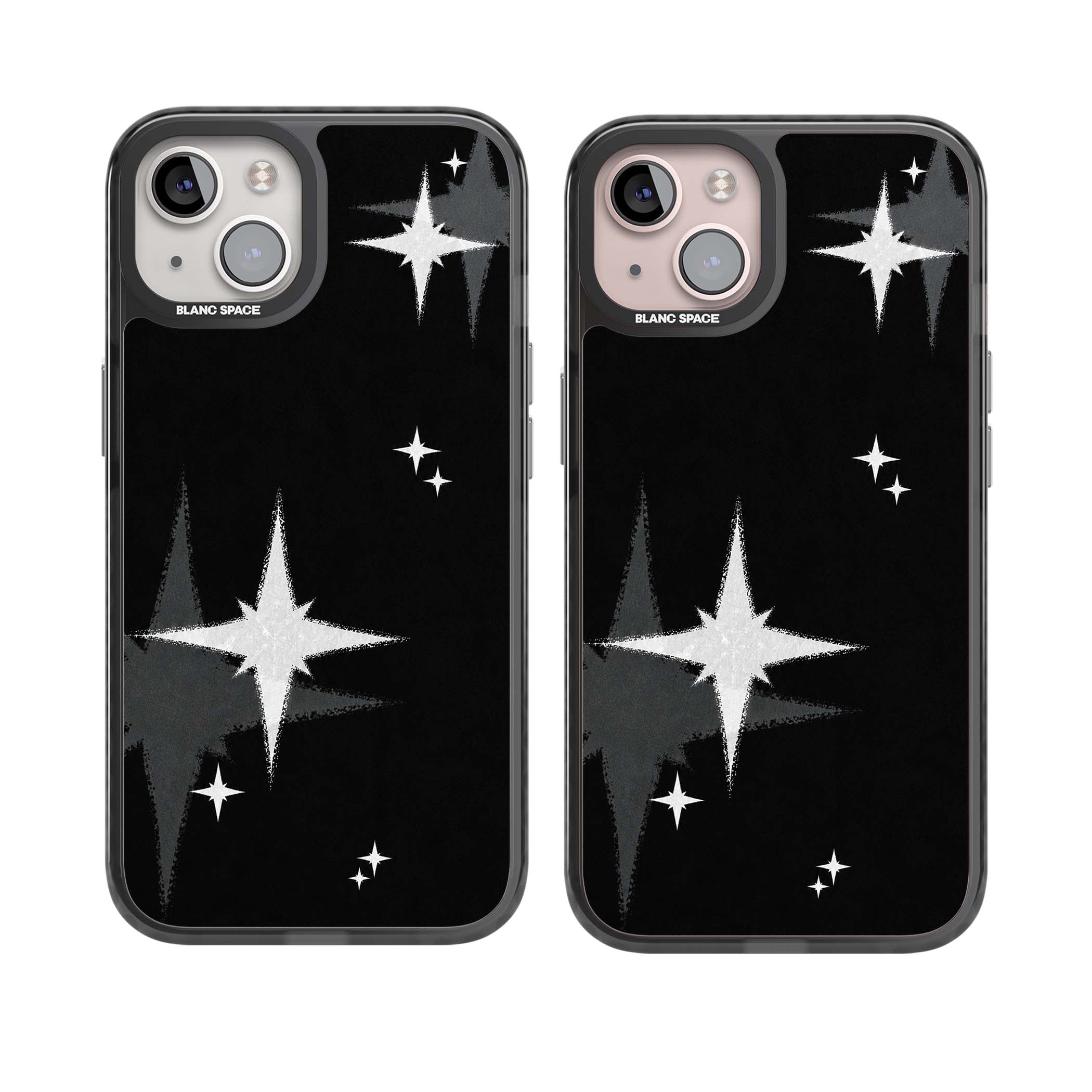 Black Sparkle celestial iPhone case featuring white sparkle stars on a black night sky background | Black Impact case for iPhone 13, iPhone 14, iPhone 15