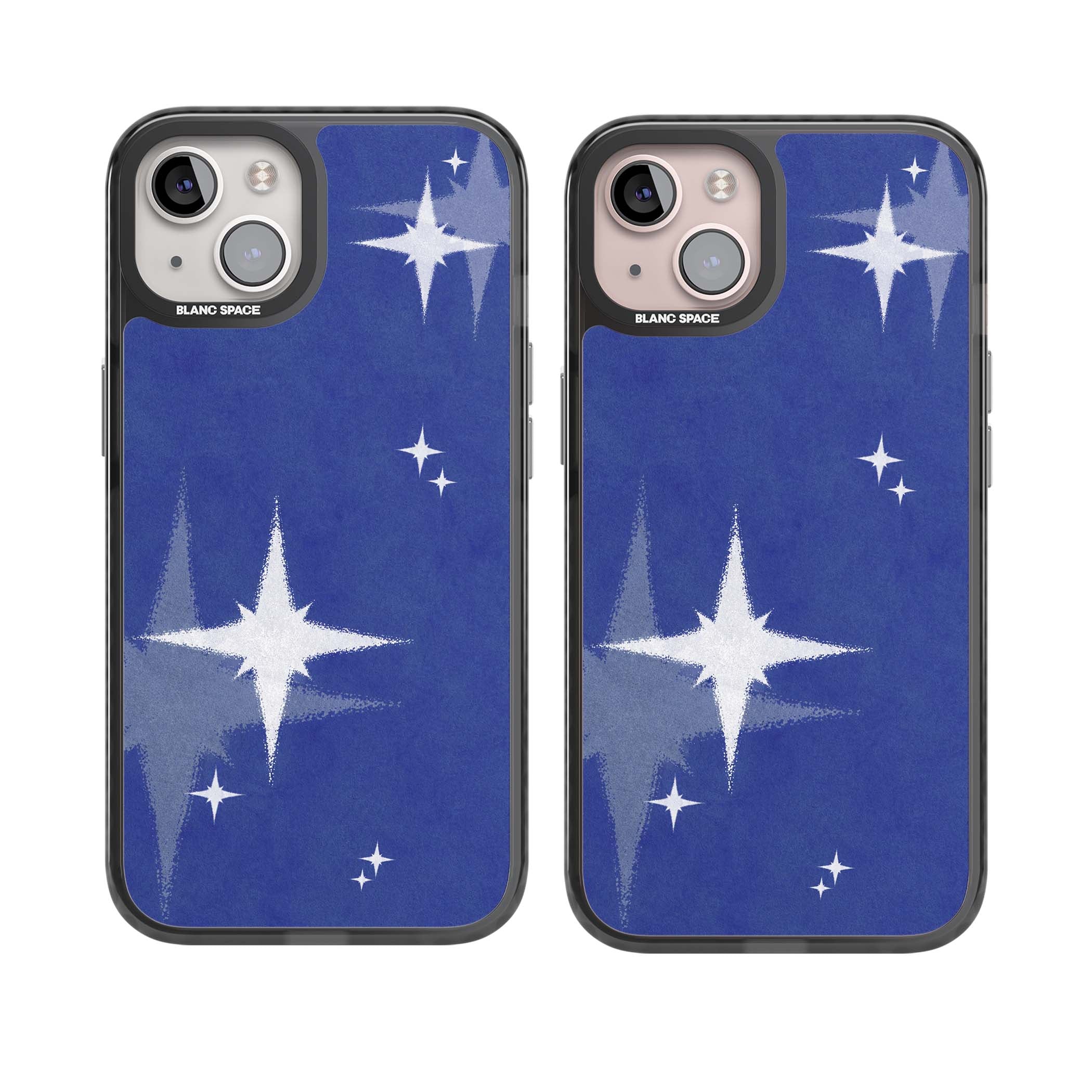 Blue Sparkle celestial iPhone case featuring sparkling silver stars on a deep blue painterly night sky | Black Impact case for iPhone 13, iPhone 14, iPhone 15