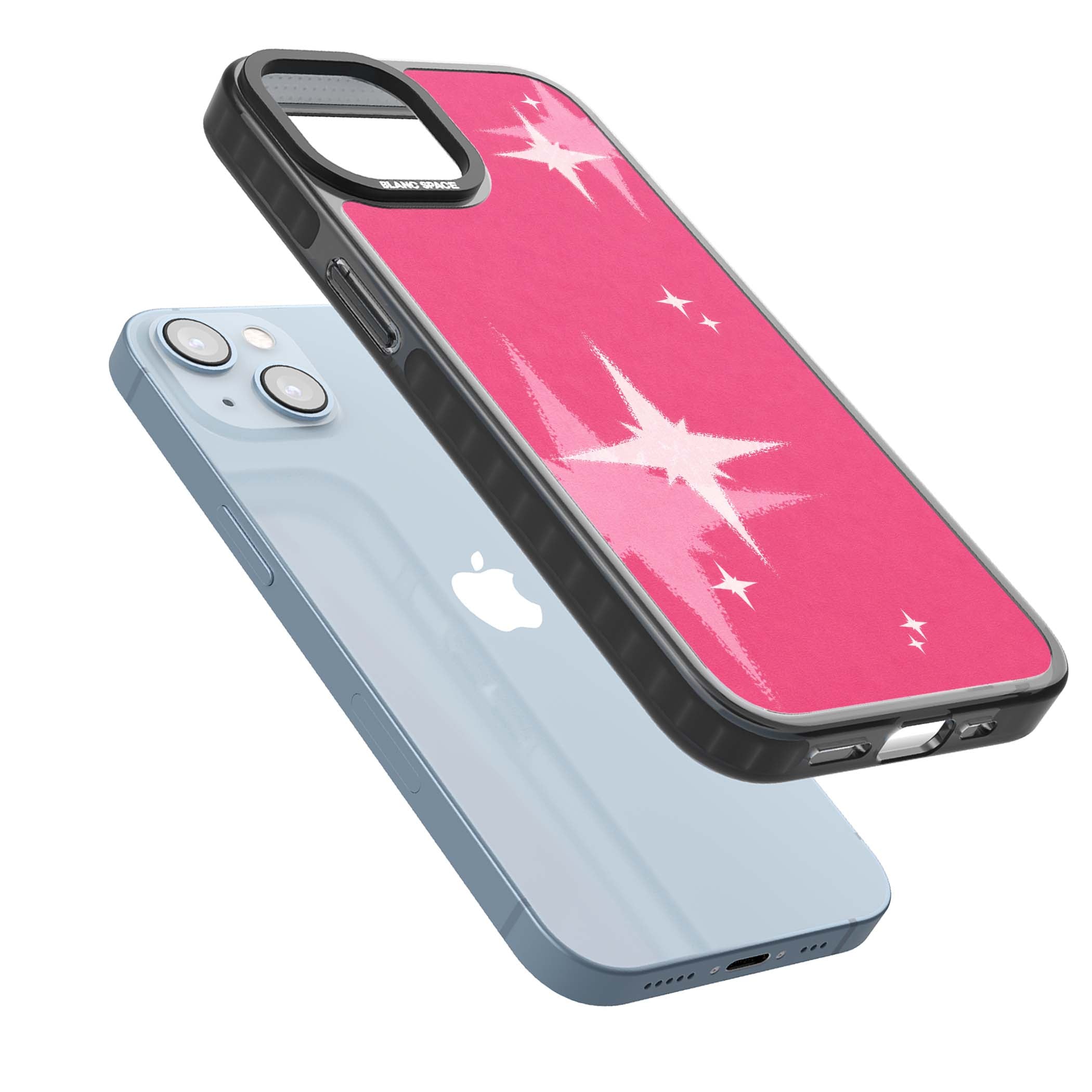 Pink Sparkle Y2K iPhone case featuring hot pink background with shimmering white starburst pattern | Black Impact case for iPhone 13, iPhone 14, iPhone 15