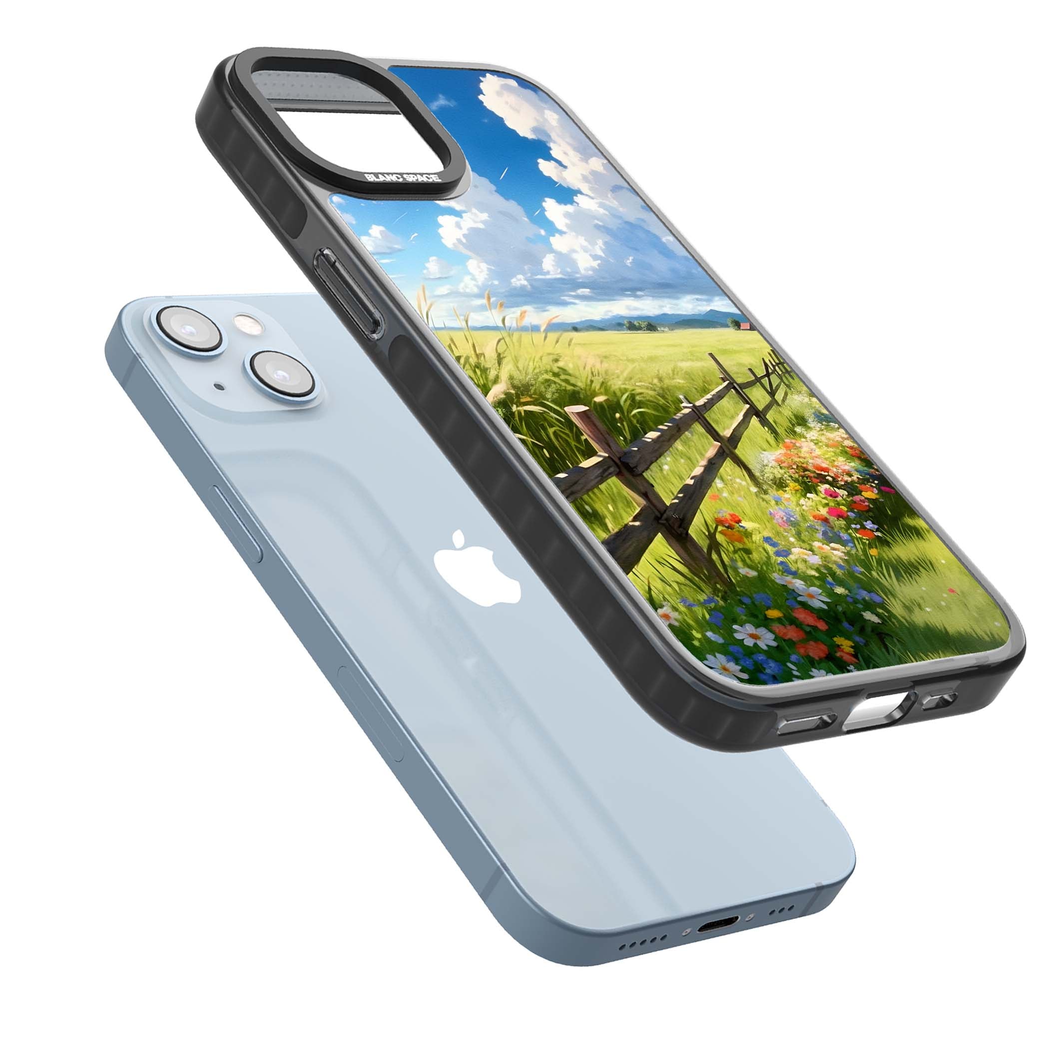 A Countryside Afternoon cottagecore iPhone case featuring a painted countryside meadow, wooden fence, and wildflowers beneath | Black Impact case for iPhone 13, iPhone 14, iPhone 15