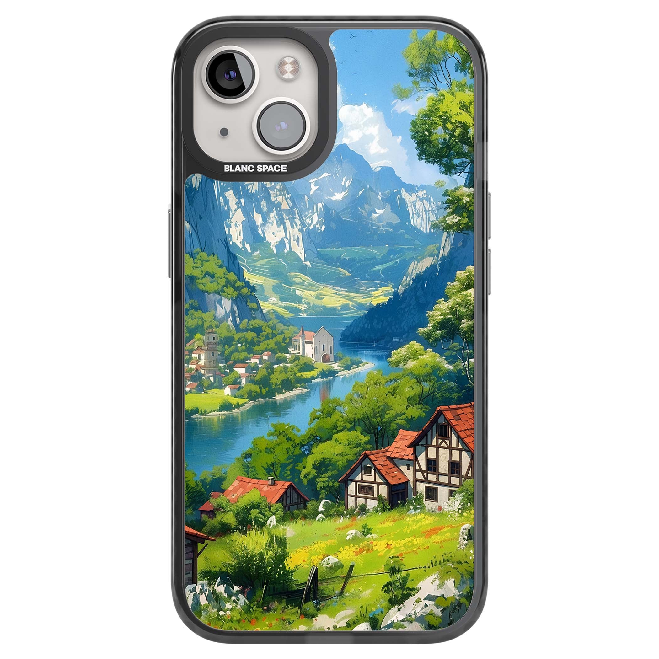 Village In The Valley anime iPhone case featuring a painted mountain village, river valley and half-timbered cottages. | Black Impact case for iPhone 13, iPhone 14, iPhone 15