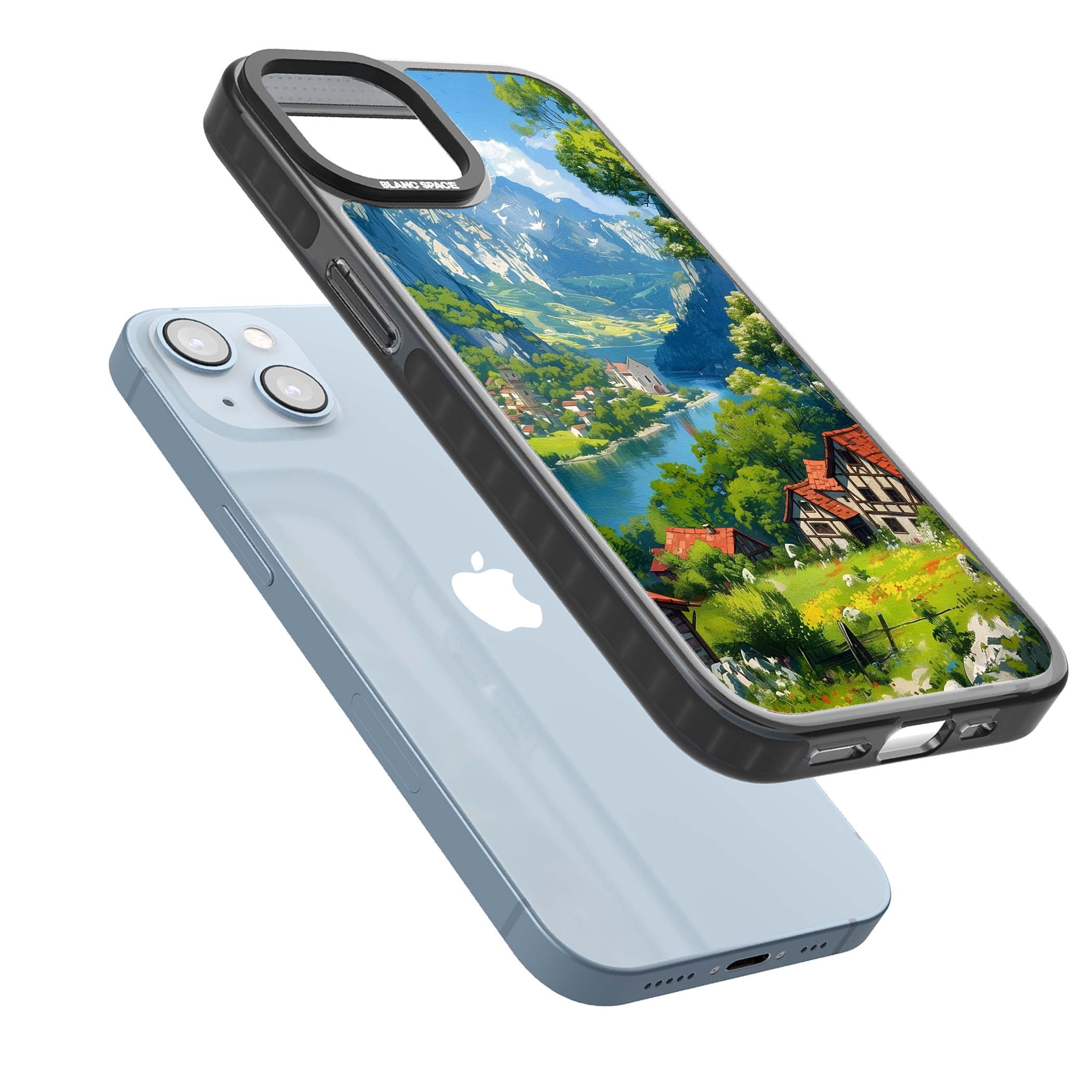 Village In The Valley anime iPhone case featuring a painted mountain village, river valley and half-timbered cottages. | Black Impact case for iPhone 13, iPhone 14, iPhone 15