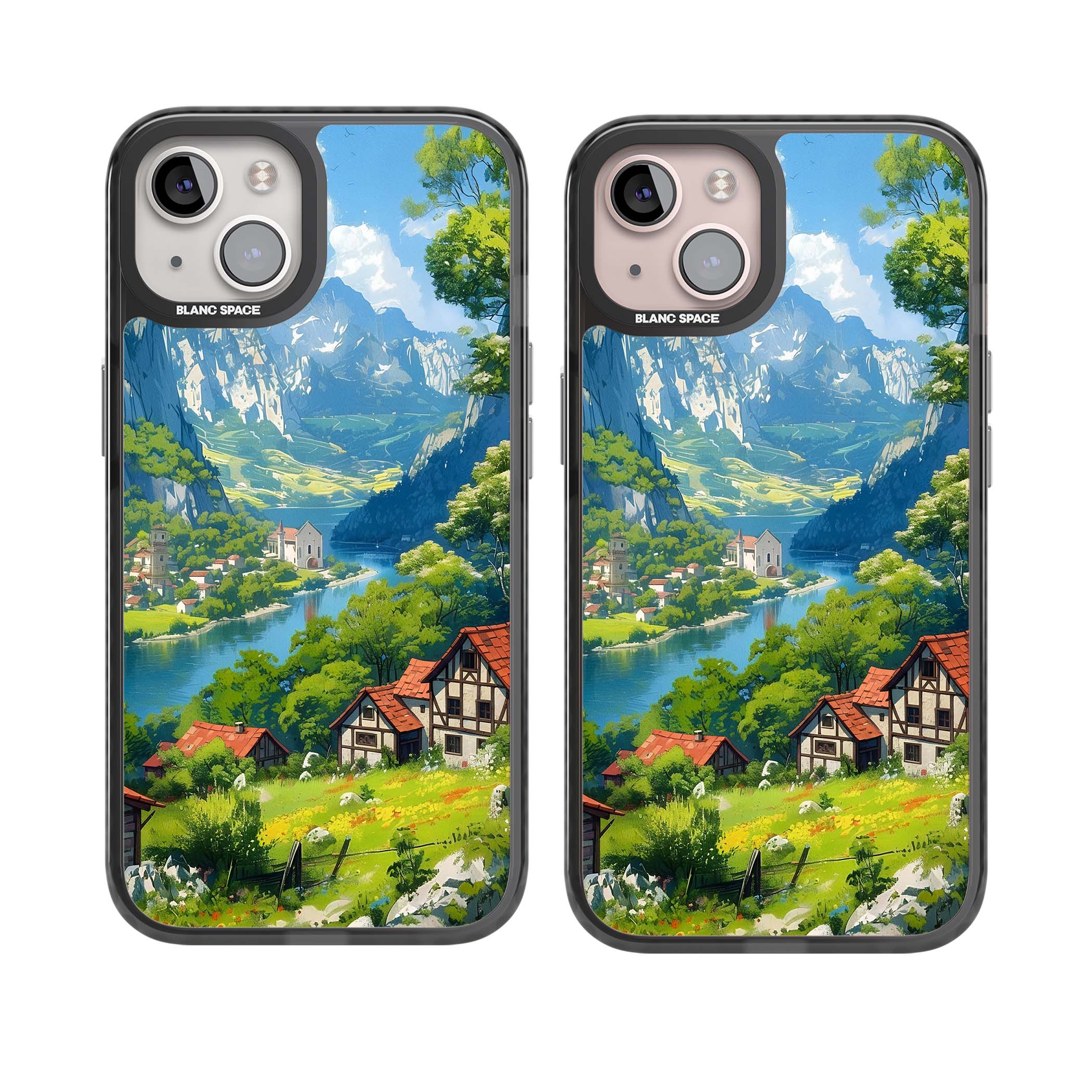 Village In The Valley anime iPhone case featuring a painted mountain village, river valley and half-timbered cottages. | Black Impact case for iPhone 13, iPhone 14, iPhone 15