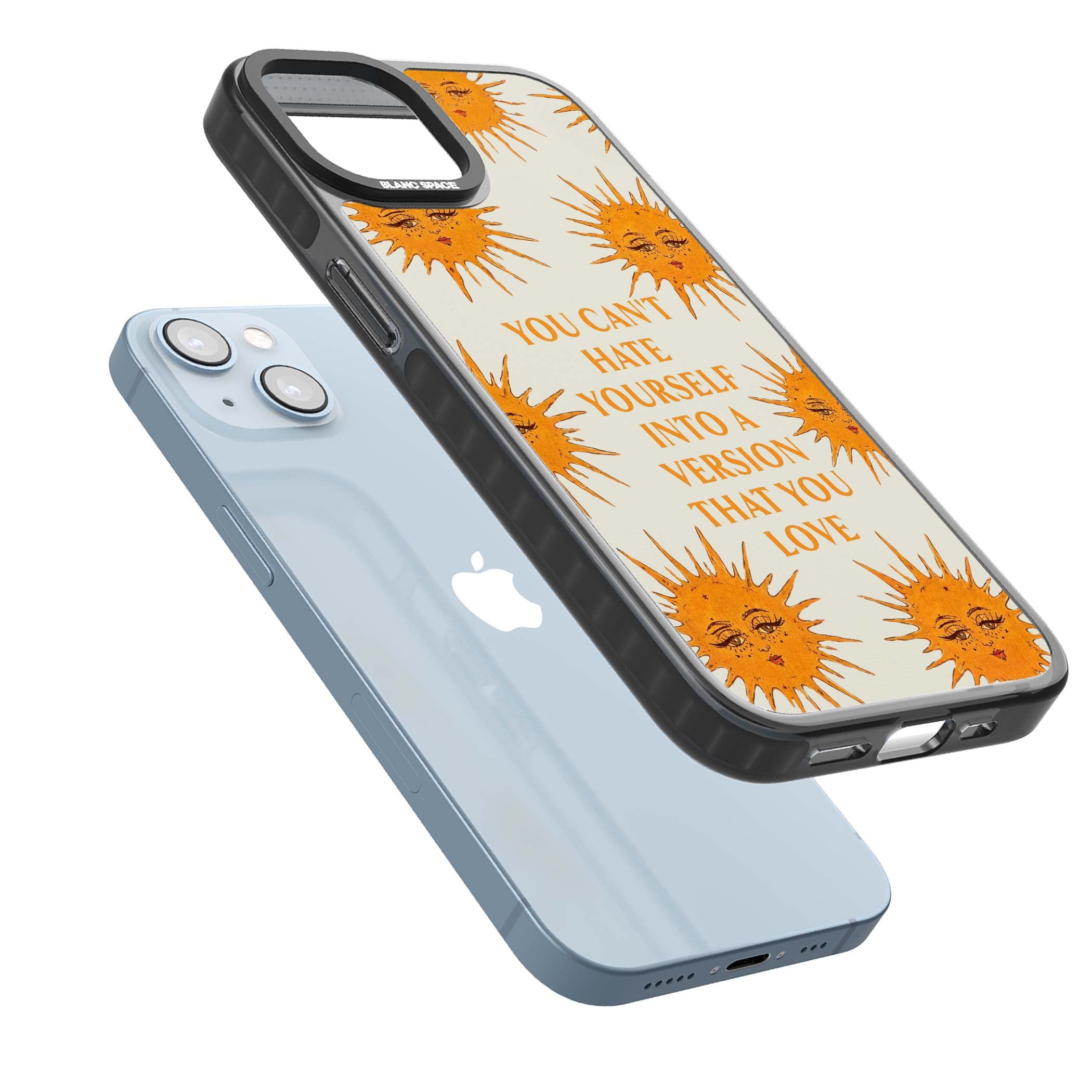 Don't Hate Yourself celestial iPhone case featuring vintage sun faces, ochre rays and a self-love quote | Black Impact case for iPhone 13, iPhone 14, iPhone 15