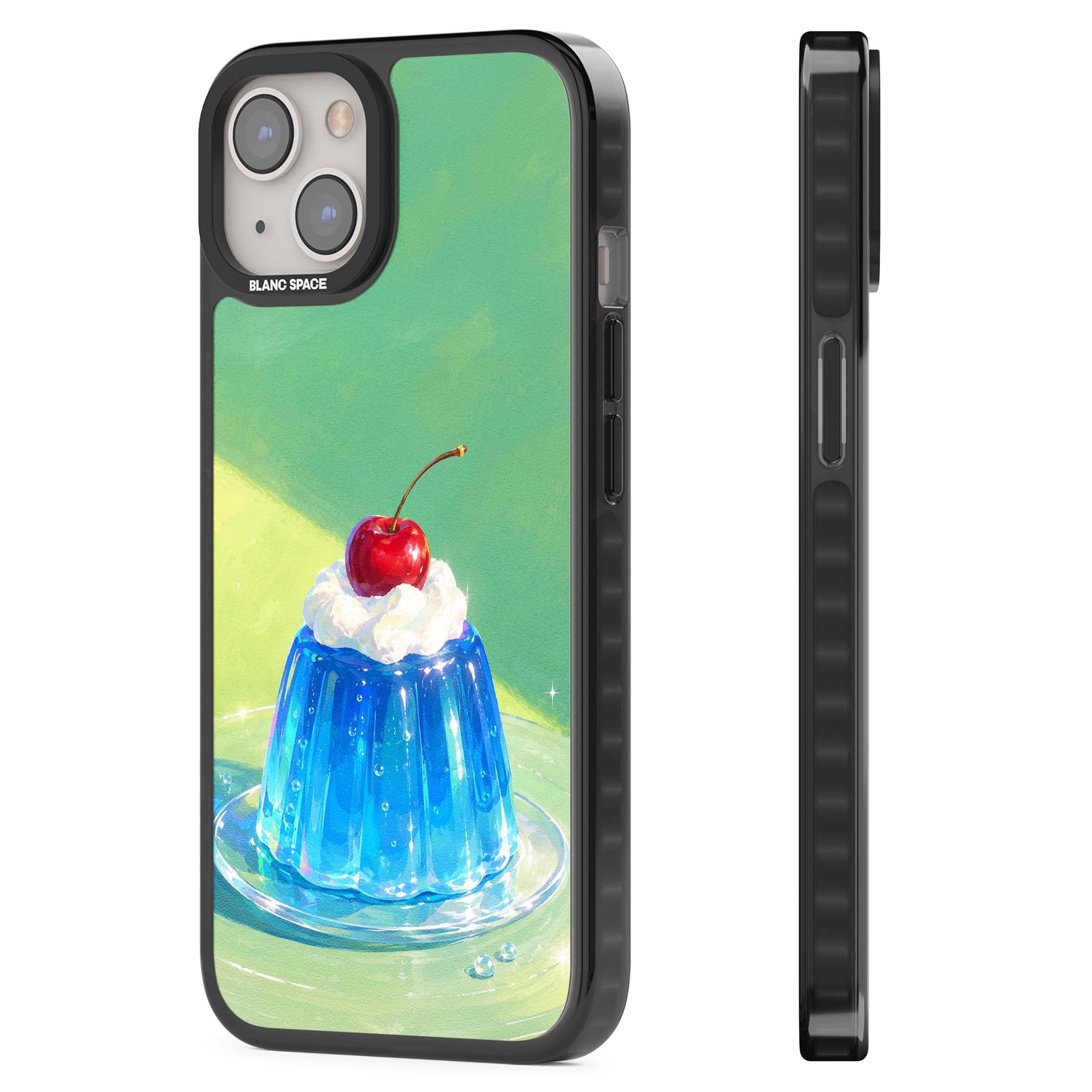 Cherry Jelly kawaii dessert iPhone case featuring blue jelly pudding, whipped cream and a red cherry | Black Impact case for iPhone 13, iPhone 14, iPhone 15