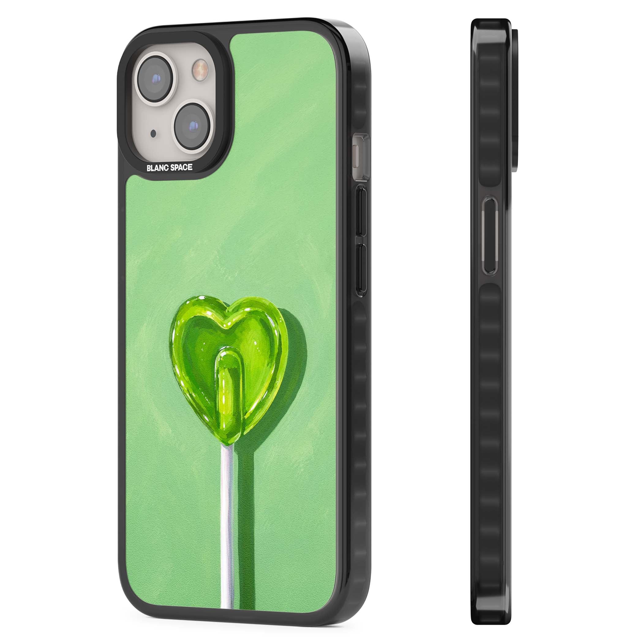 Green Lollipop candy art iPhone case featuring a glossy green heart-shaped lollipop on a painted pastel green background | Black Impact case for iPhone 13, iPhone 14, iPhone 15