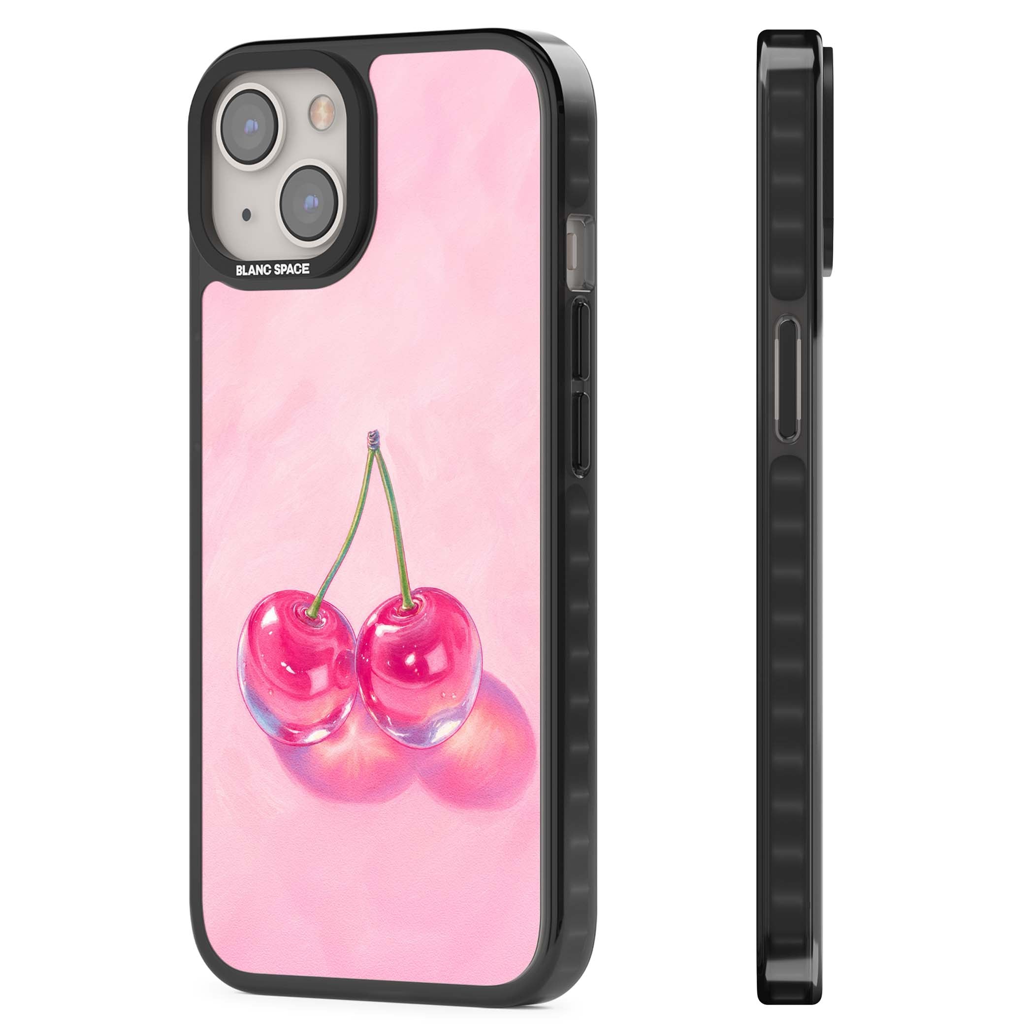 Pink Glass Cherry coquette iPhone case featuring two glossy painted cherries on a soft pink background | Black Impact case for iPhone 13, iPhone 14, iPhone 15
