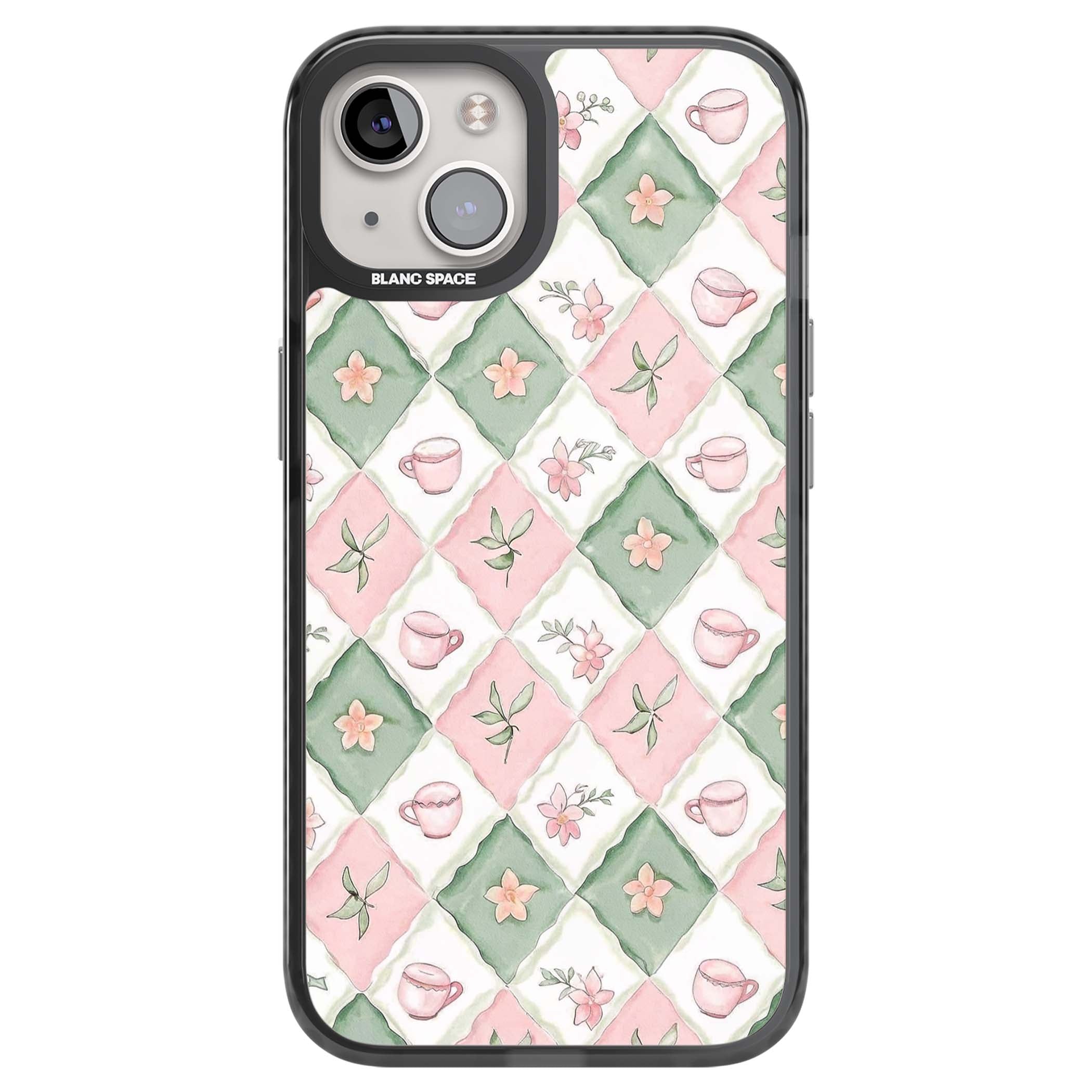 Garden Tea Party coquette iPhone case with pink and green checkered pattern, watercolour teacups and wildflowers | Black Impact case for iPhone 13, iPhone 14, iPhone 15