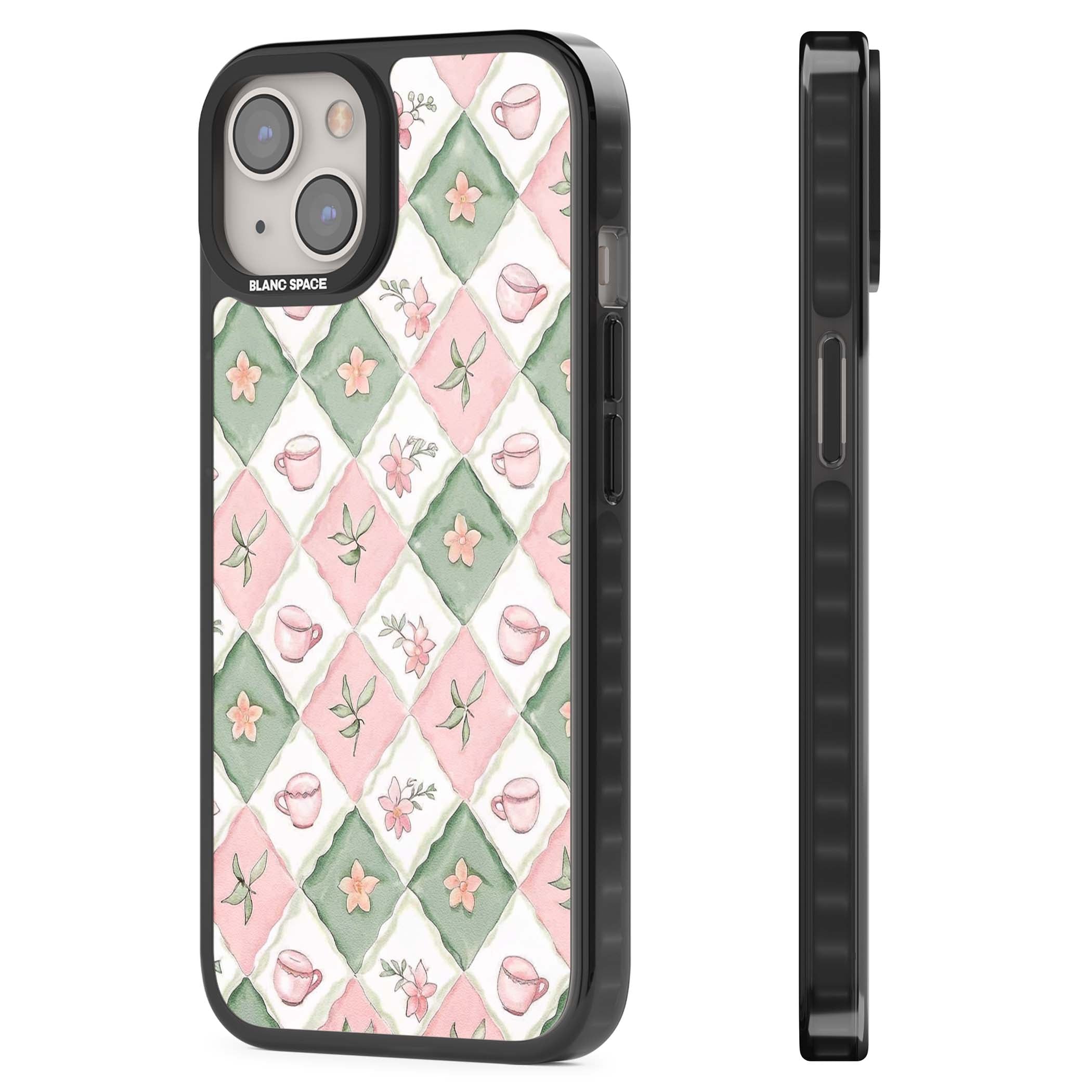 Garden Tea Party coquette iPhone case with pink and green checkered pattern, watercolour teacups and wildflowers | Black Impact case for iPhone 13, iPhone 14, iPhone 15