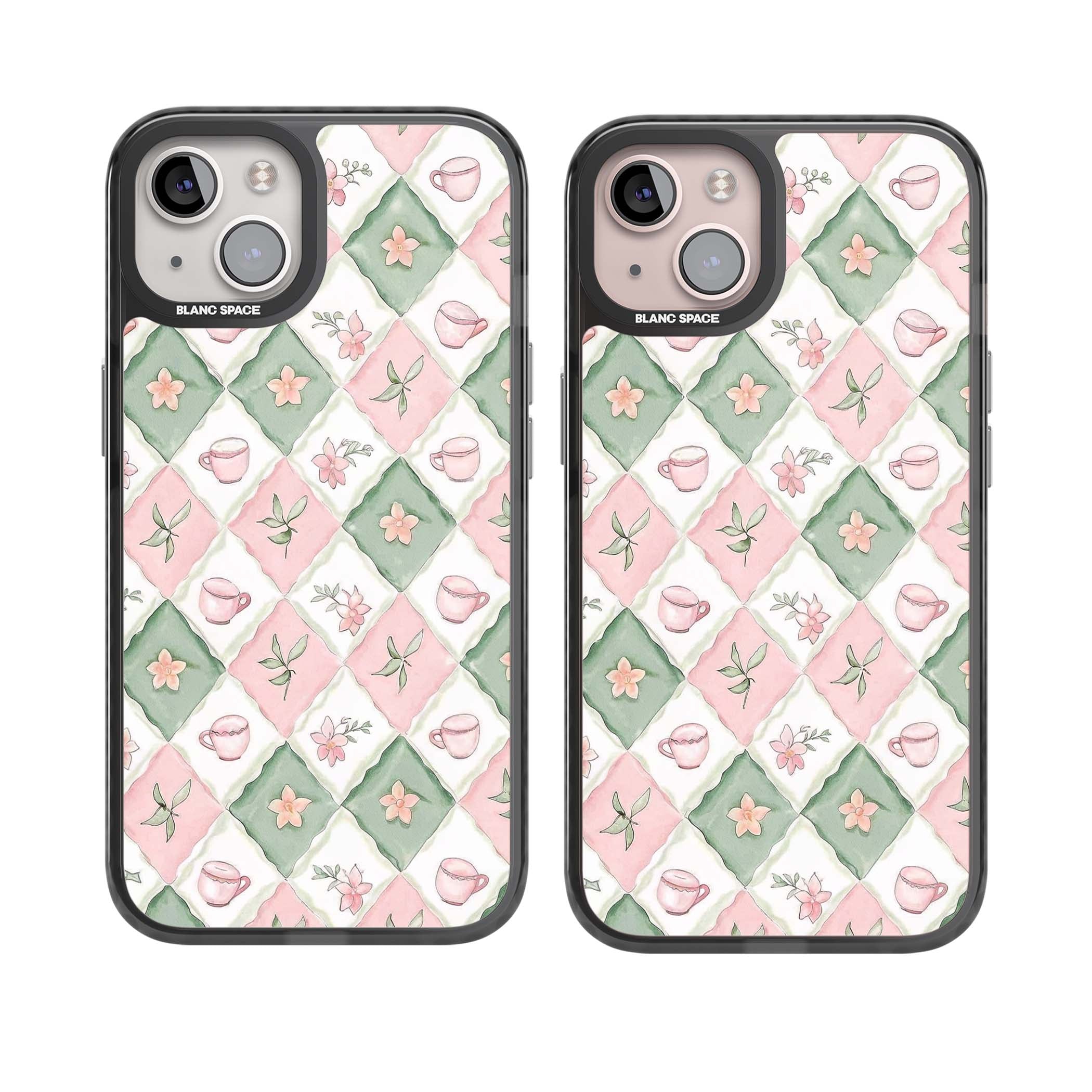Garden Tea Party coquette iPhone case with pink and green checkered pattern, watercolour teacups and wildflowers | Black Impact case for iPhone 13, iPhone 14, iPhone 15
