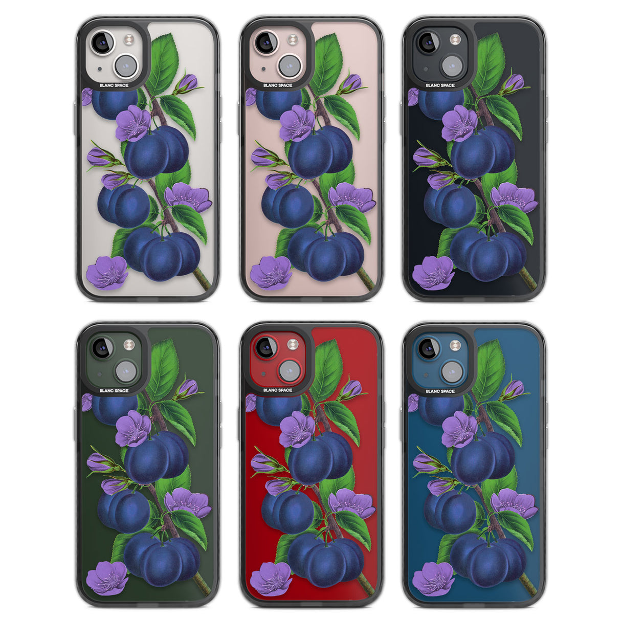 Vintage Painted Plums Black Impact Phone Case for iPhone 13, iPhone 14, iPhone 15