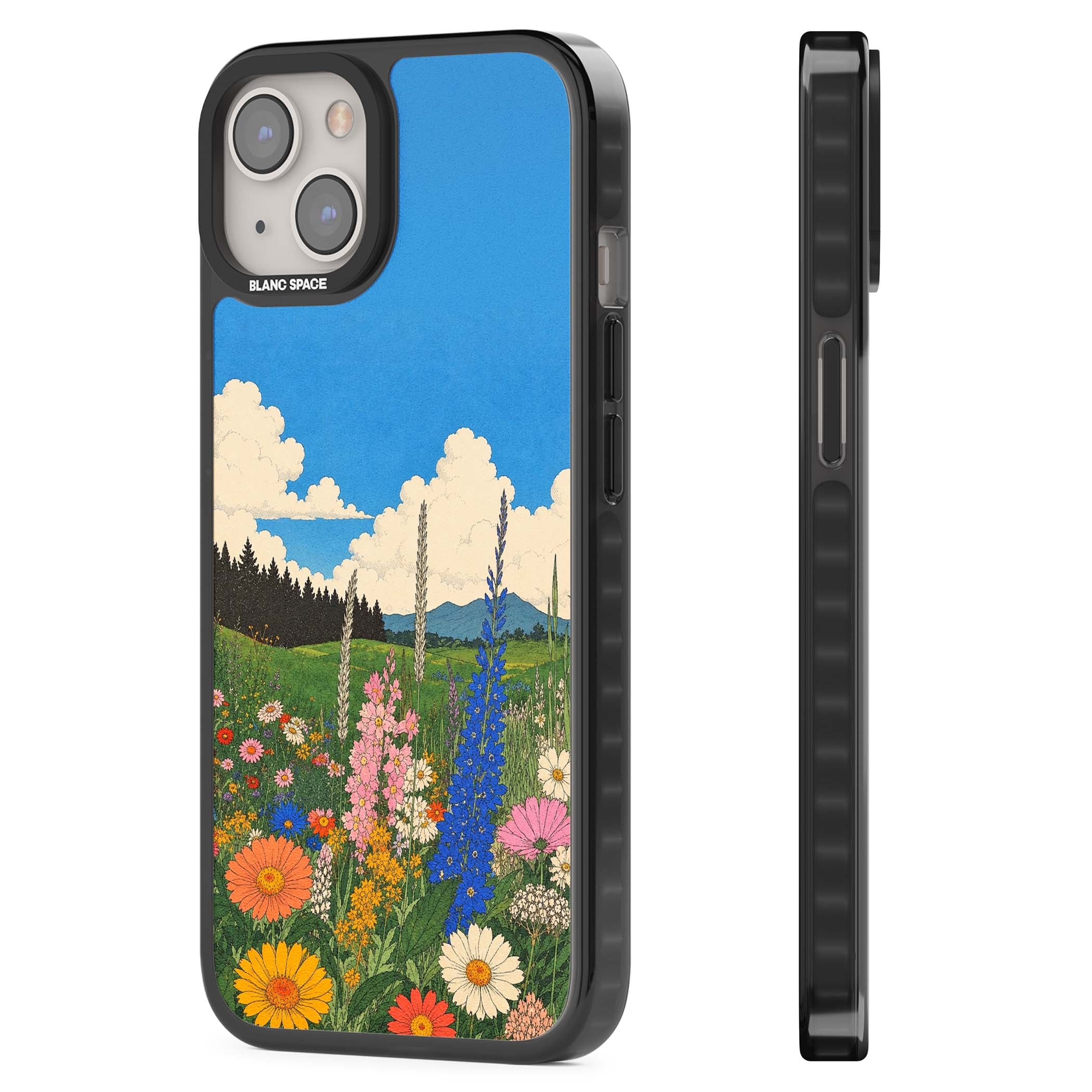 Wildbloom wildflower iPhone case featuring a vintage Japanese-style meadow landscape with daisies, delphiniums and moun | Black Impact case for iPhone 13, iPhone 14, iPhone 15