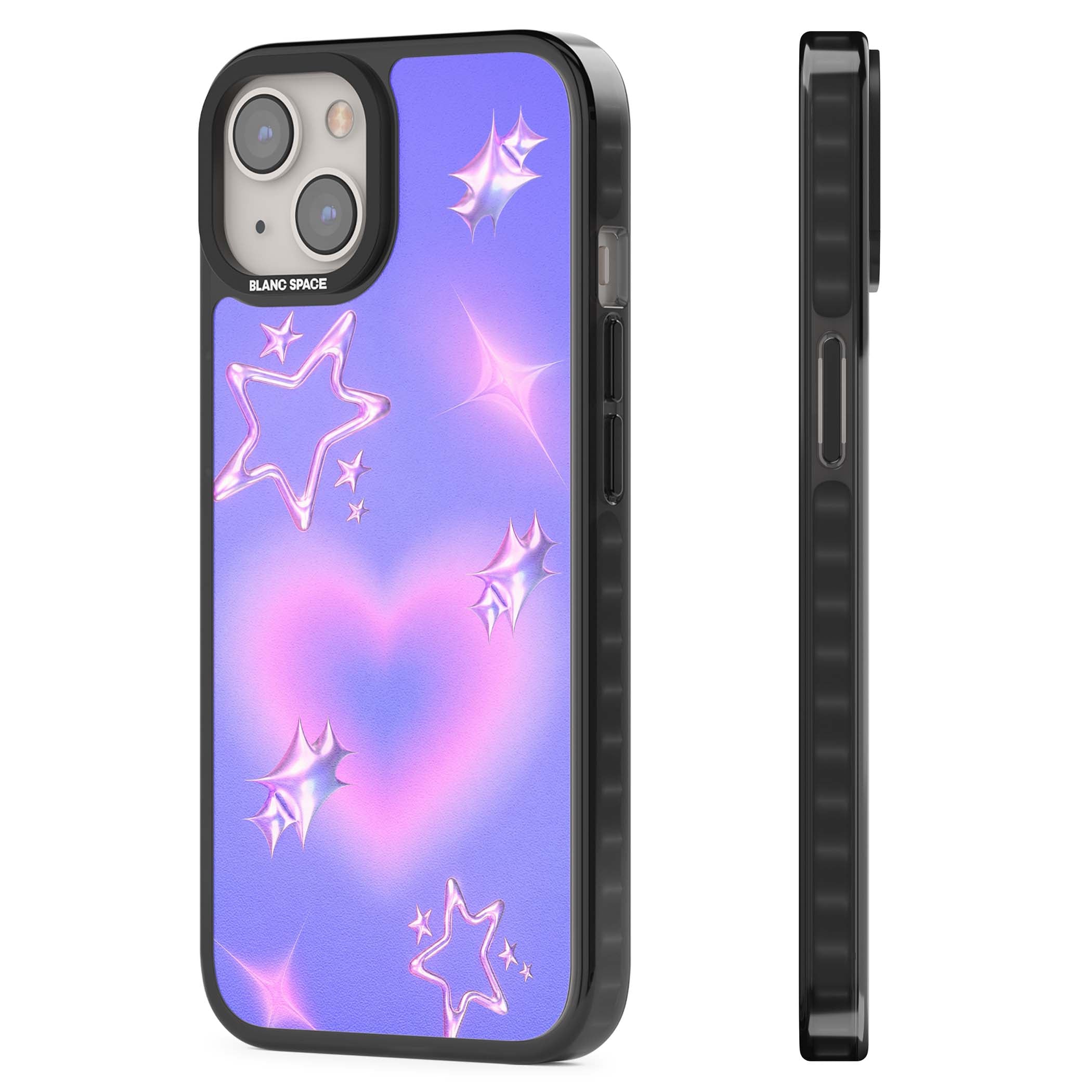 Soft Sugar Y2K iPhone case featuring iridescent chrome hearts, metallic pink stars and a lavender gradient sky | Black Impact case for iPhone 13, iPhone 14, iPhone 15