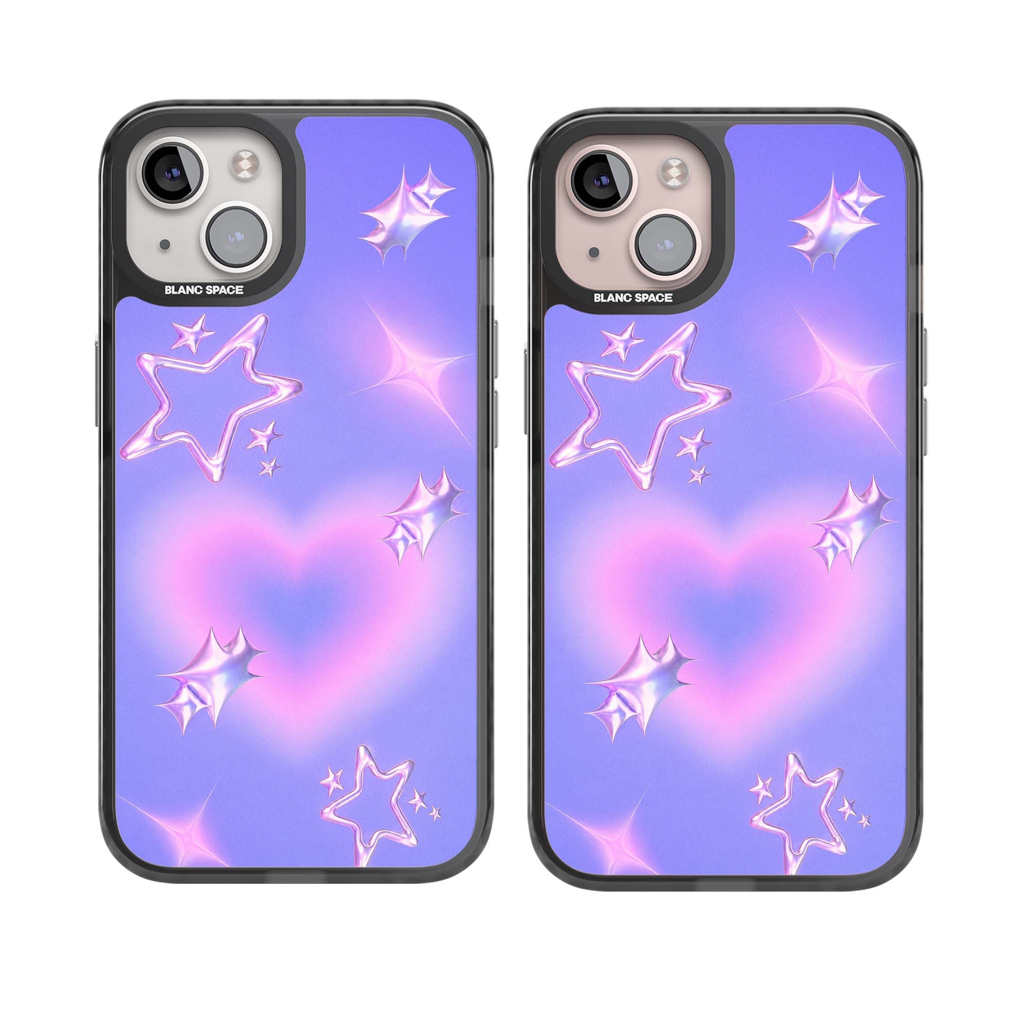 Soft Sugar Y2K iPhone case featuring iridescent chrome hearts, metallic pink stars and a lavender gradient sky | Black Impact case for iPhone 13, iPhone 14, iPhone 15