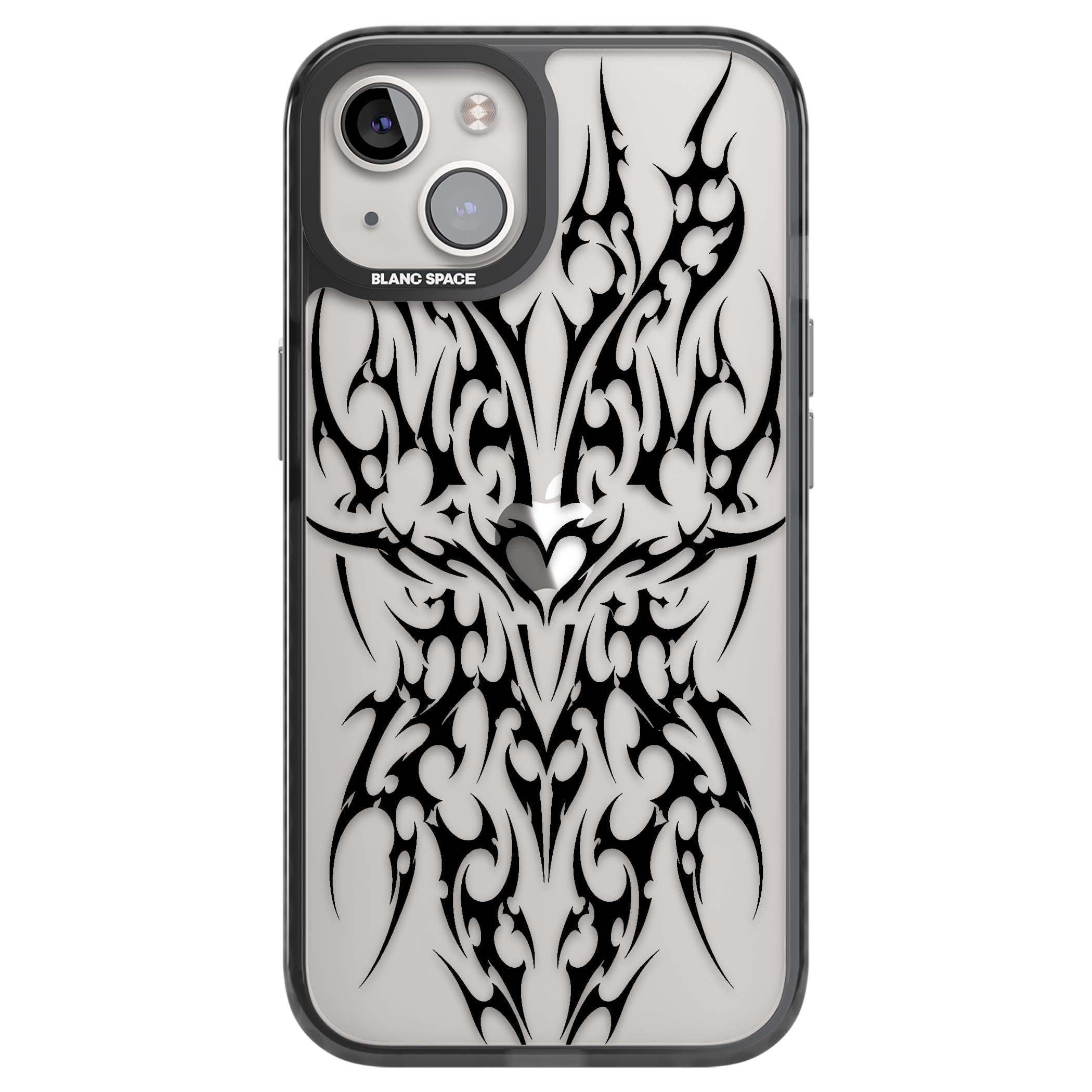 Neo Tribal Heart gothic iPhone case featuring symmetrical black tribal tattoo art with sharp thorn-like linework | Black Impact case for iPhone 13, iPhone 14, iPhone 15