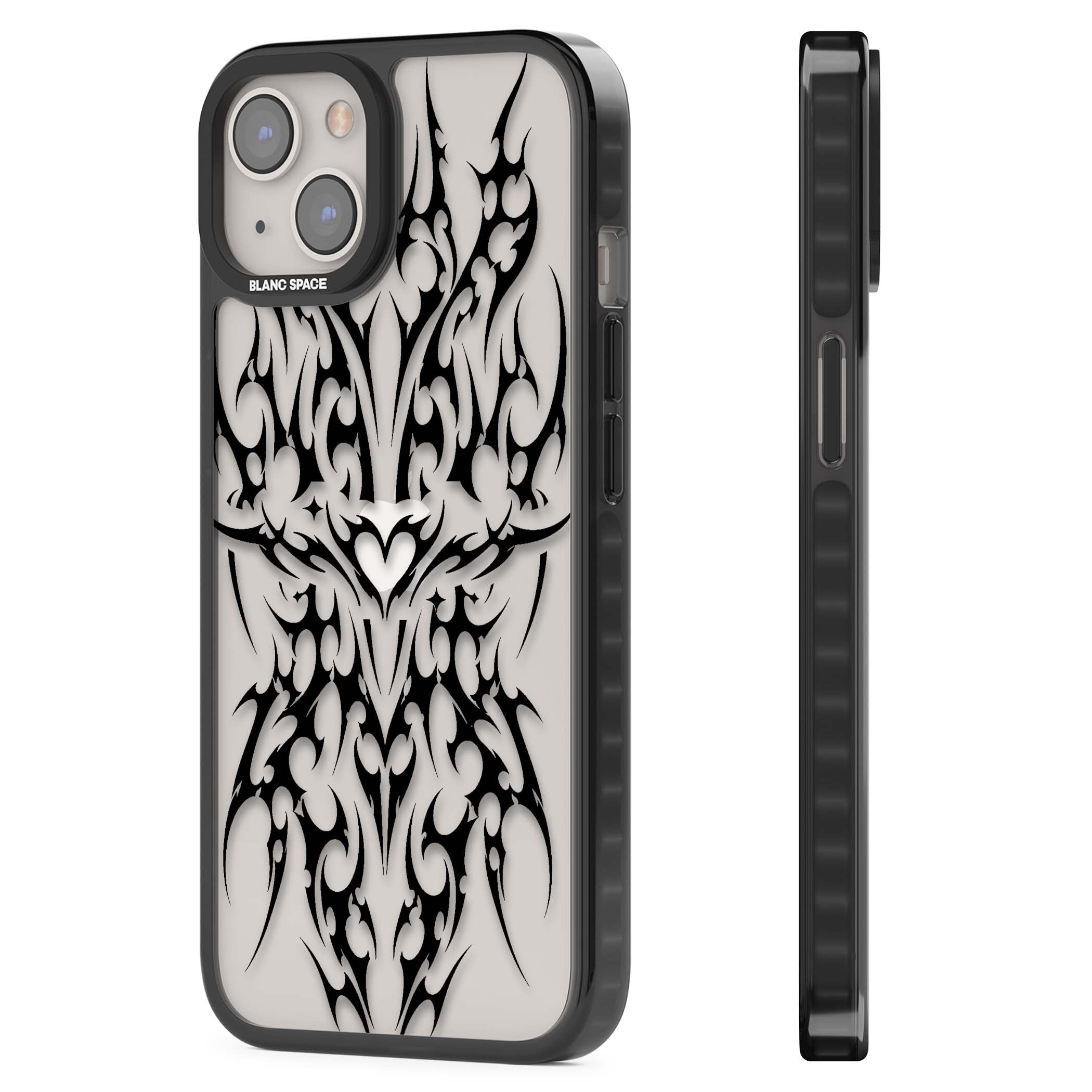 Neo Tribal Heart gothic iPhone case featuring symmetrical black tribal tattoo art with sharp thorn-like linework | Black Impact case for iPhone 13, iPhone 14, iPhone 15